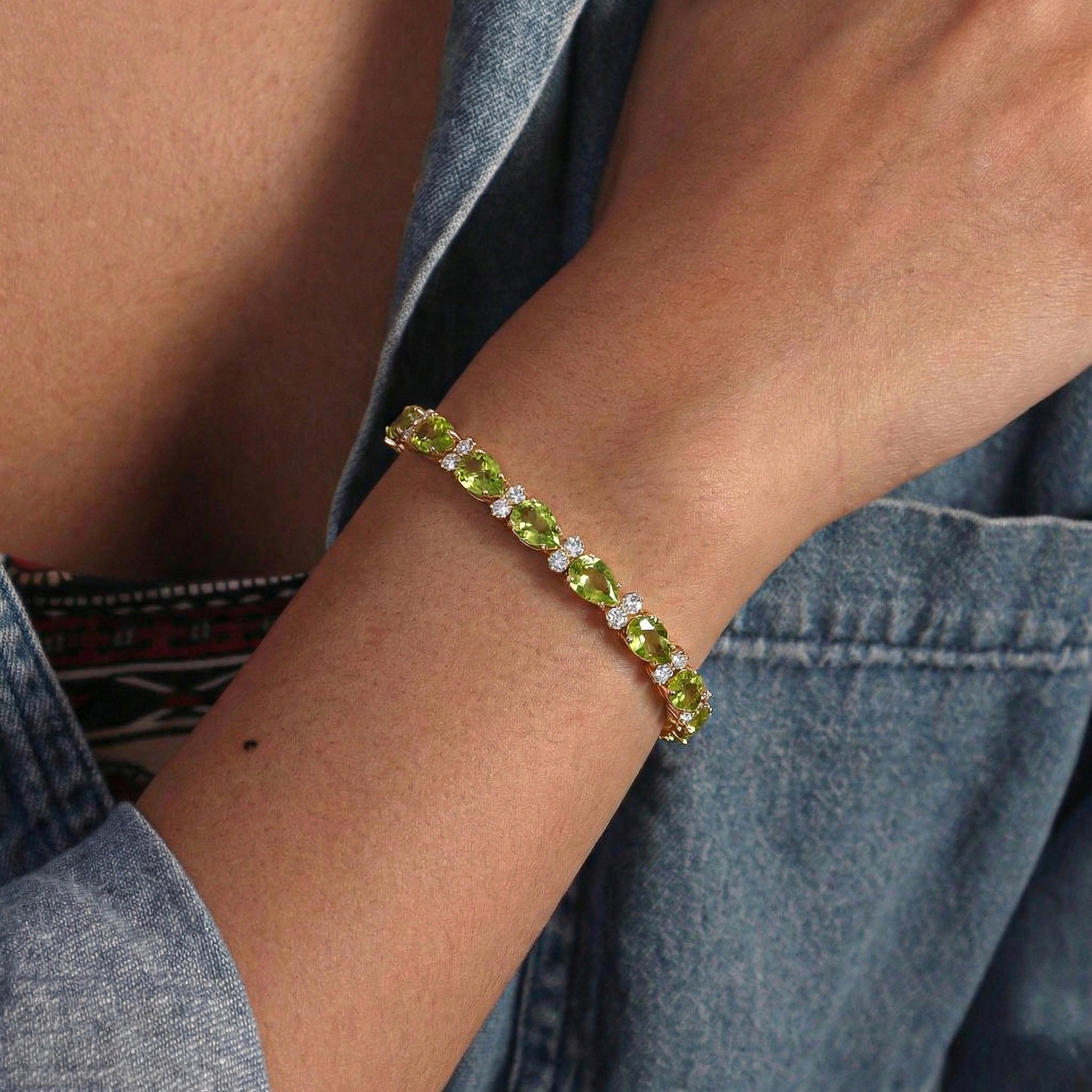 Peridot Pear & Round Bracelet 7x5 MM & 2.5 MM 18.9 Ct Fresh Green Style