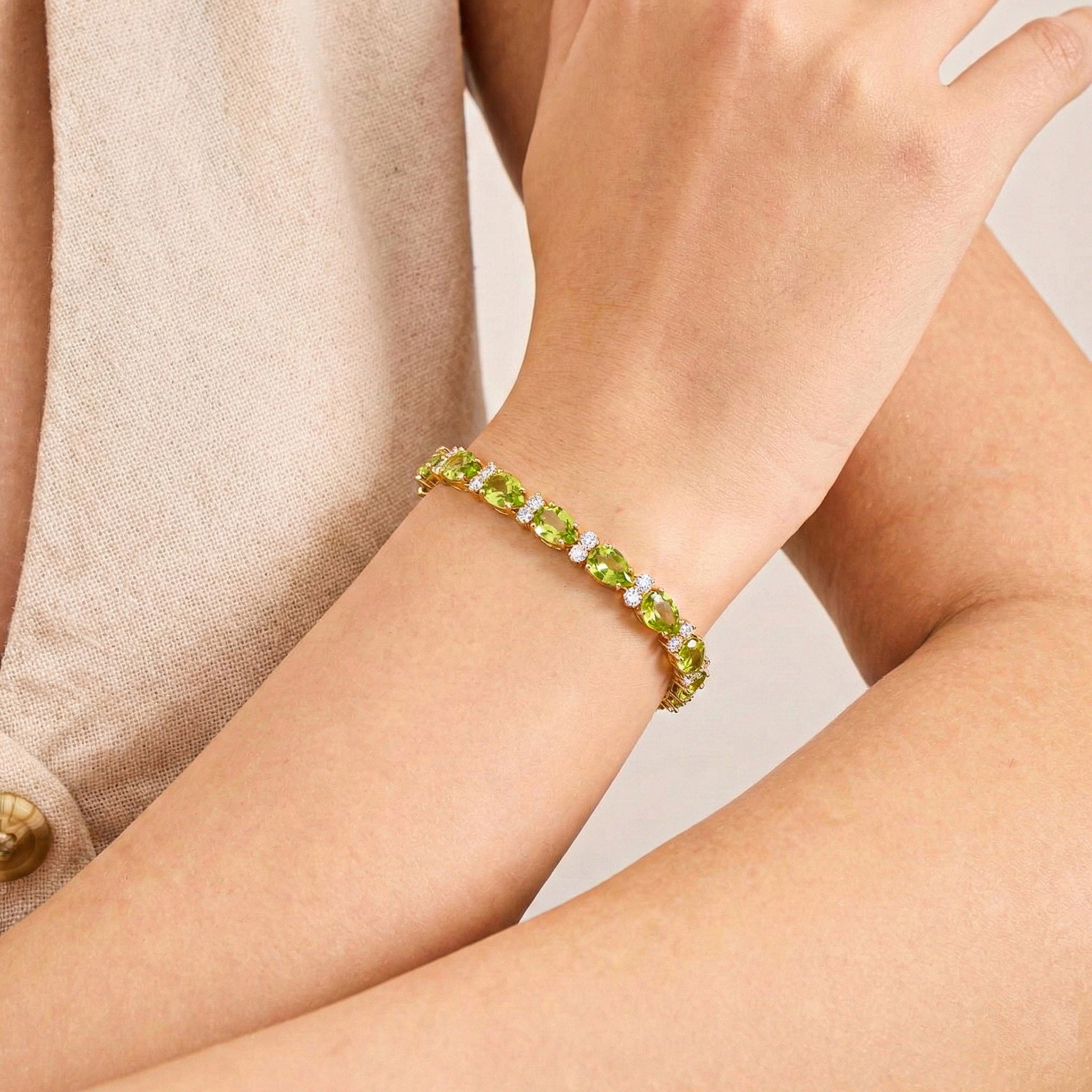 Peridot Pear & Round Bracelet 7x5 MM & 2.5 MM 18.9 Ct Fresh Green Style