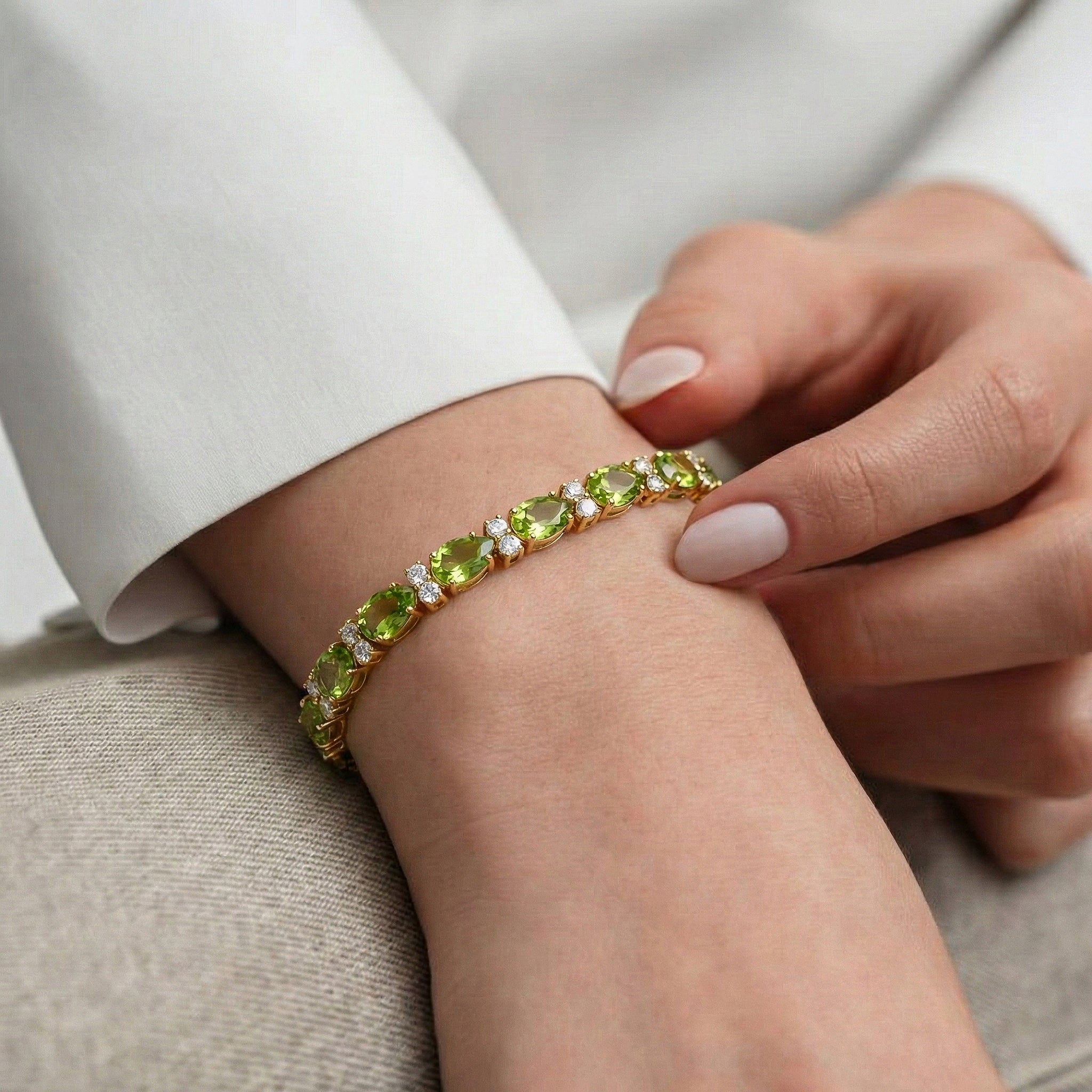 Peridot Pear & Round Bracelet 7x5 MM & 2.5 MM 18.9 Ct Fresh Green Style