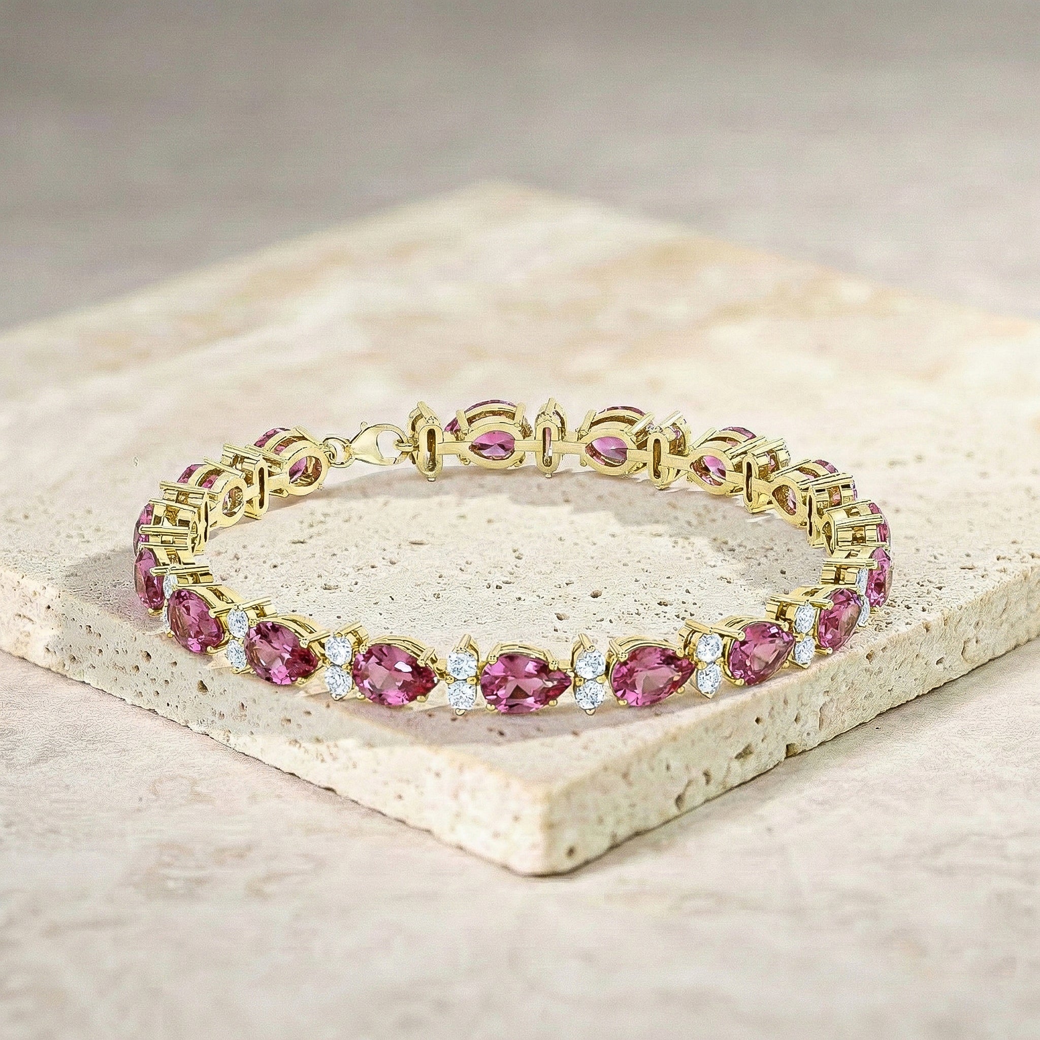 Pink Tourmaline Pear & Round Bracelet 7x5 MM & 2.5 MM 18.9 Ct Feminine Charm