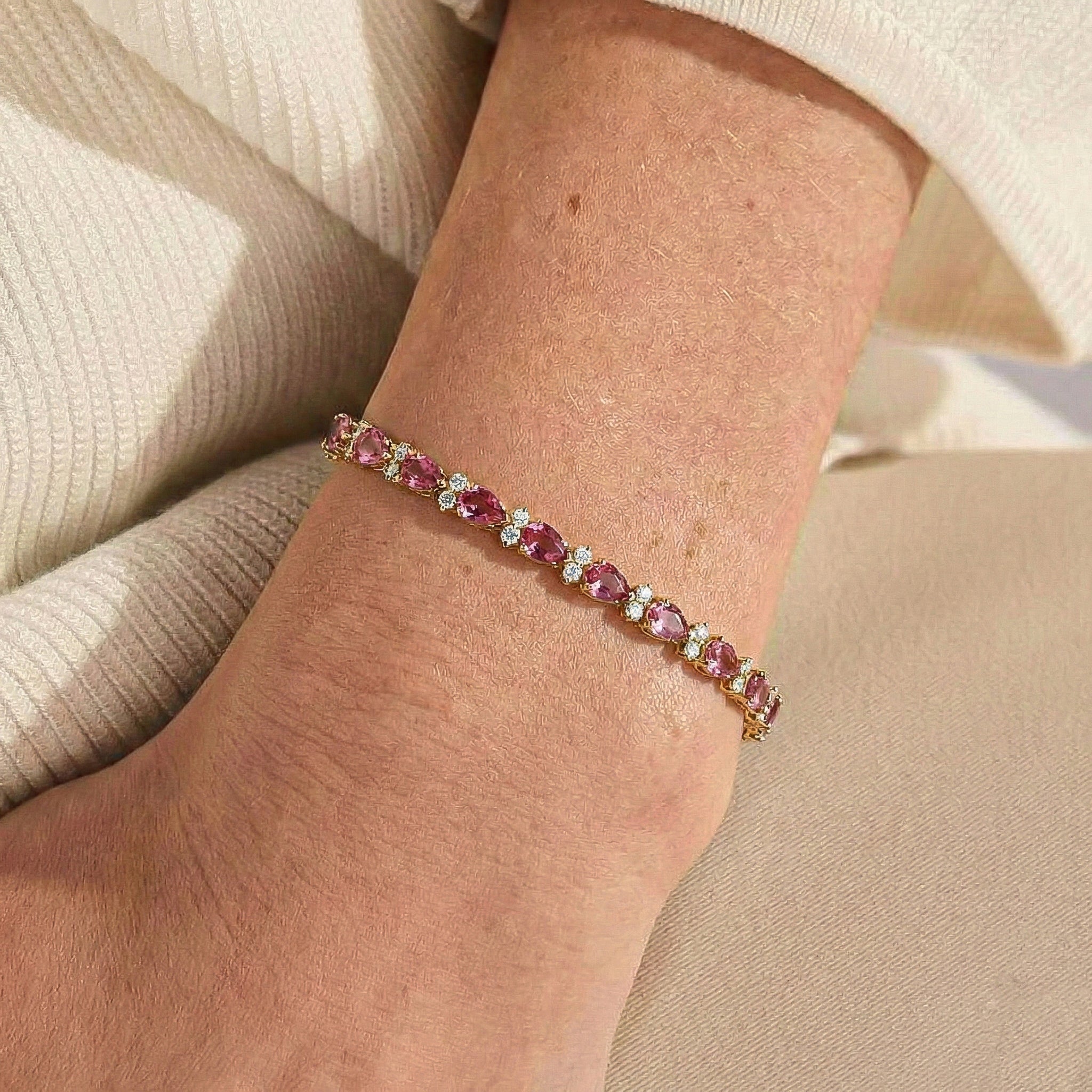 Pink Tourmaline Pear & Round Bracelet 7x5 MM & 2.5 MM 18.9 Ct Feminine Charm