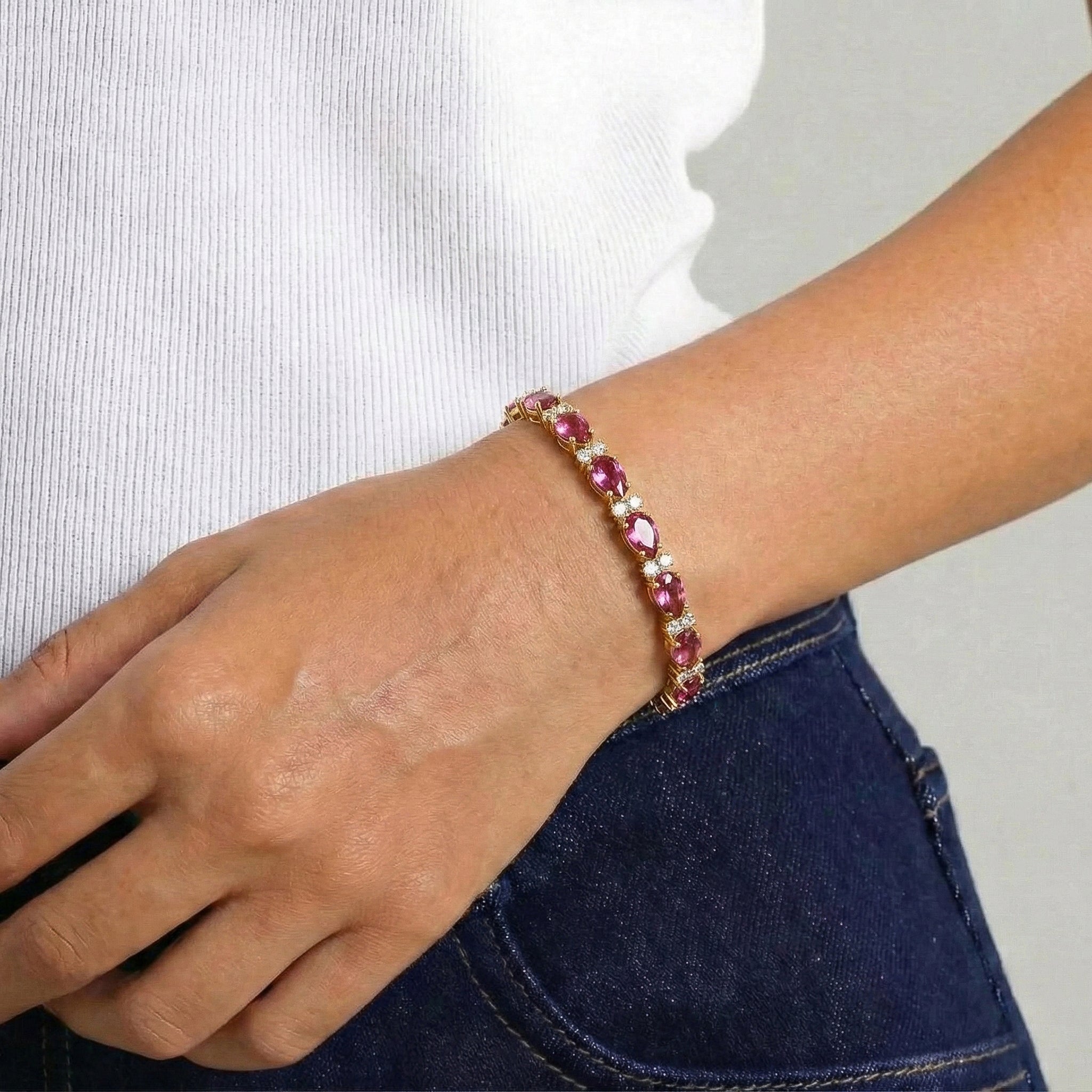 Pink Tourmaline Pear & Round Bracelet 7x5 MM & 2.5 MM 18.9 Ct Feminine Charm