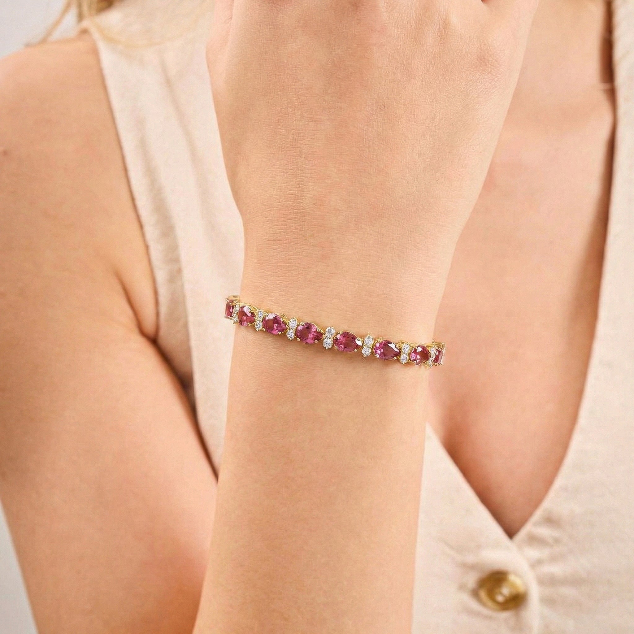 Pink Tourmaline Pear & Round Bracelet 7x5 MM & 2.5 MM 18.9 Ct Feminine Charm