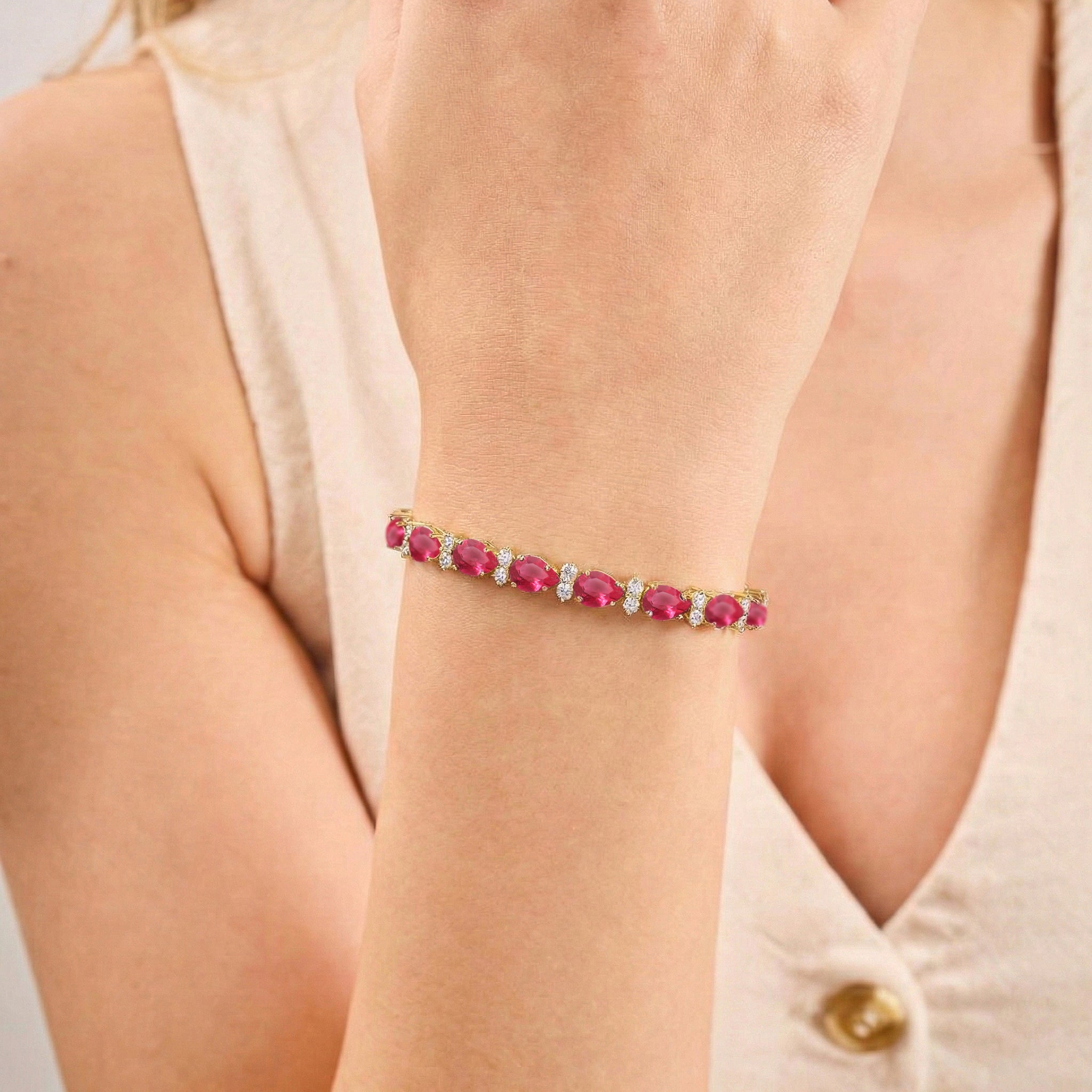 Pink Tourmaline Pear & Round Bracelet 7x5 MM & 2.5 MM 18.9 Ct Feminine Charm