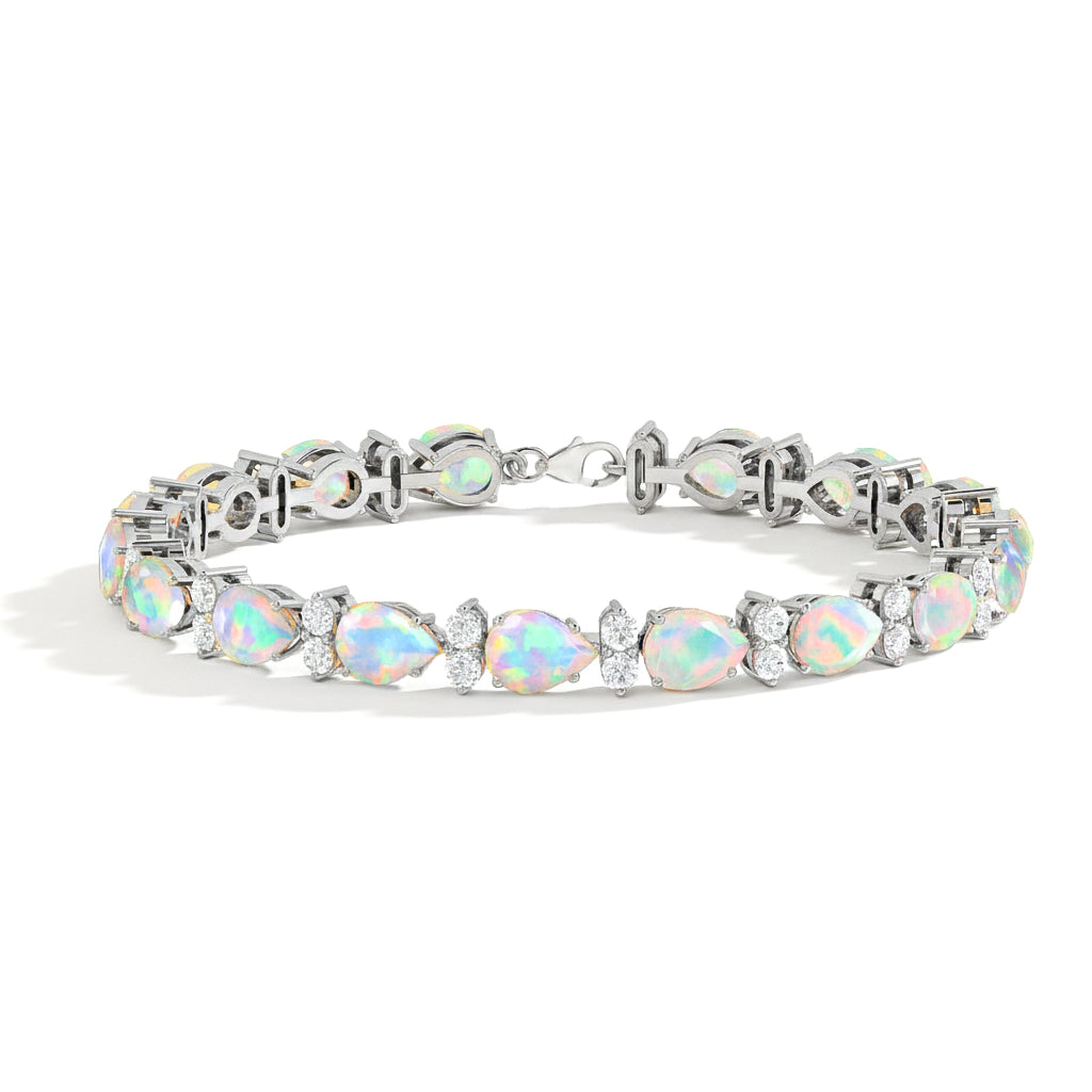 White Opal Pear & Round Bracelet 7x5 MM & 2.5 MM 18.9 Ct Elegant Glow