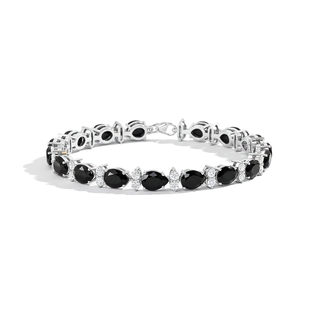 Black Onyx Pear & Round Bracelet 7x5 MM & 2.5 MM 18.9 Ct Bold Modern Look