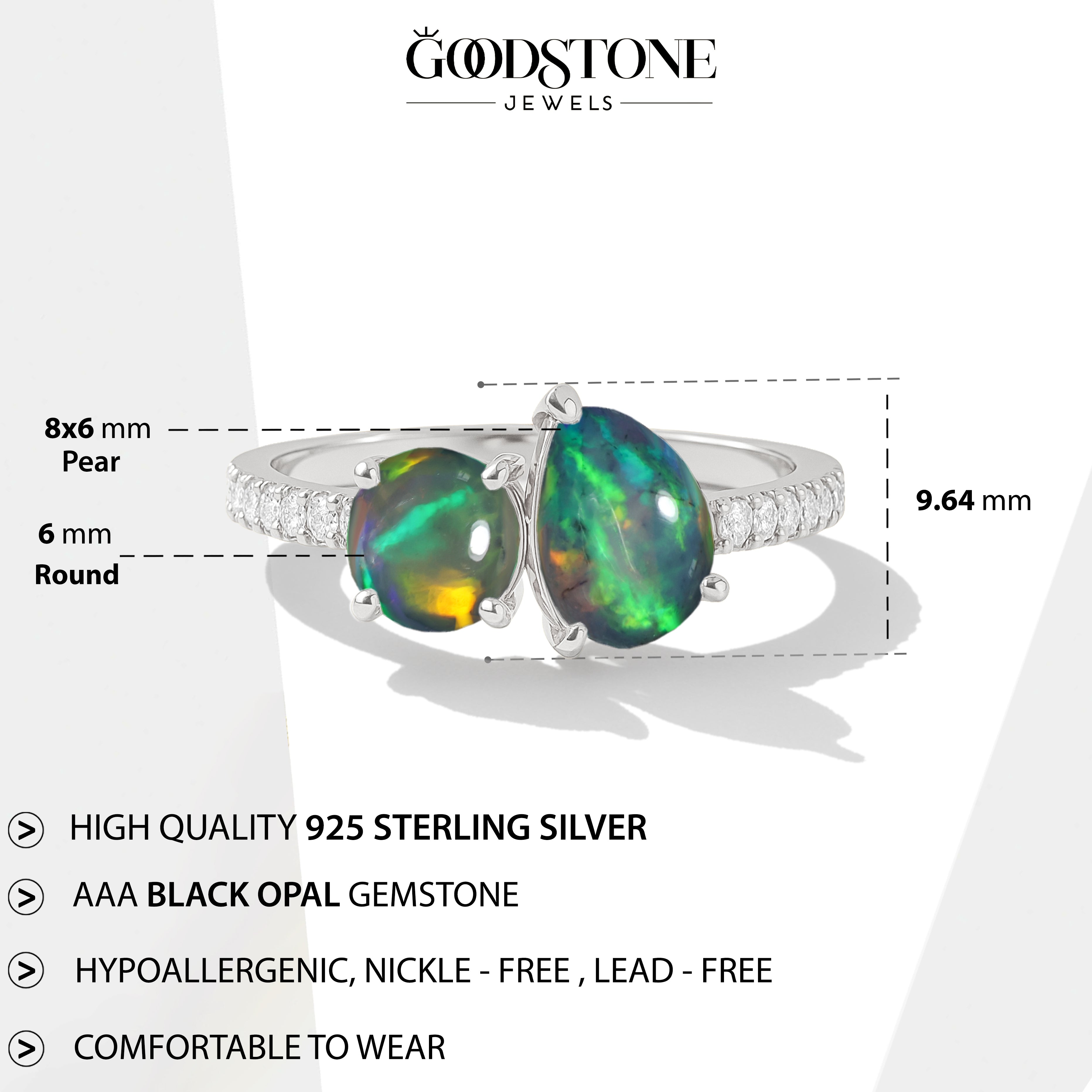 2-Stone Black Opal Ring in 925 Sterling Silver Pear & Round, 1.70 CRT
