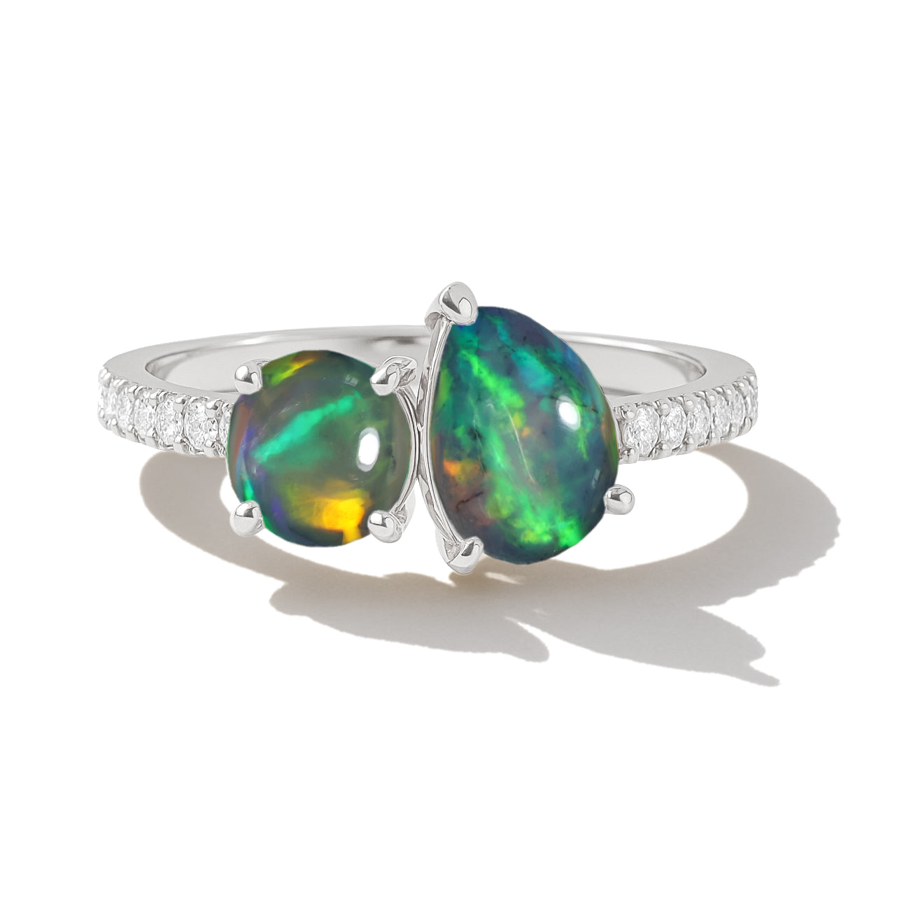 2-Stone Black Opal Ring in 925 Sterling Silver Pear & Round, 1.70 CRT