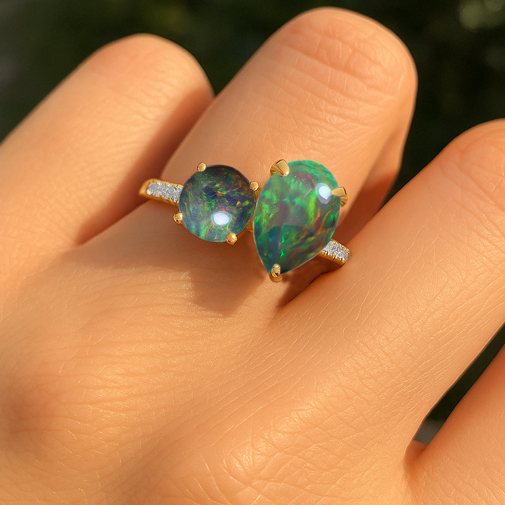 2-Stone Black Opal Ring in 925 Sterling Silver Pear & Round, 1.70 CRT