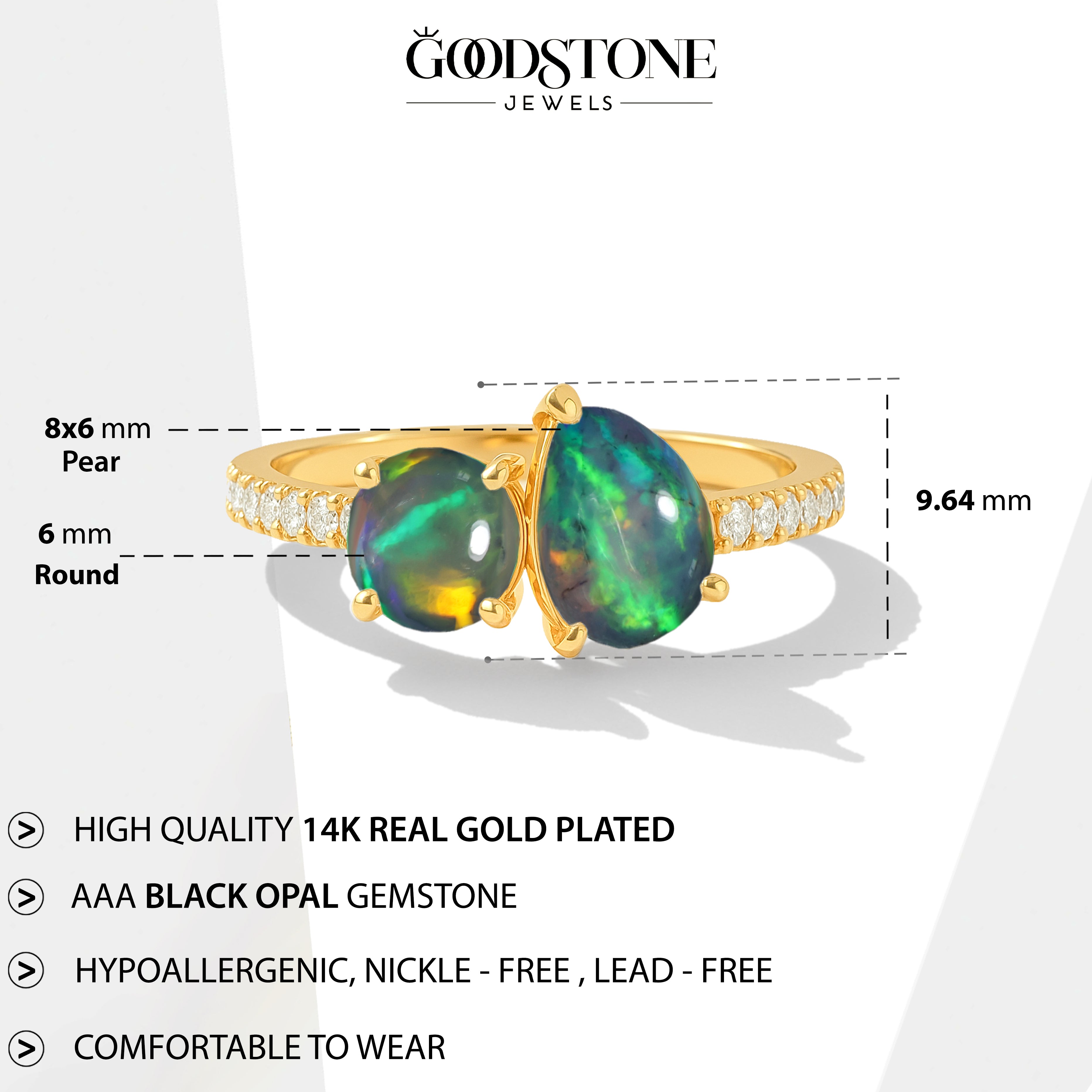 2-Stone Black Opal Ring in 925 Sterling Silver Pear & Round, 1.70 CRT