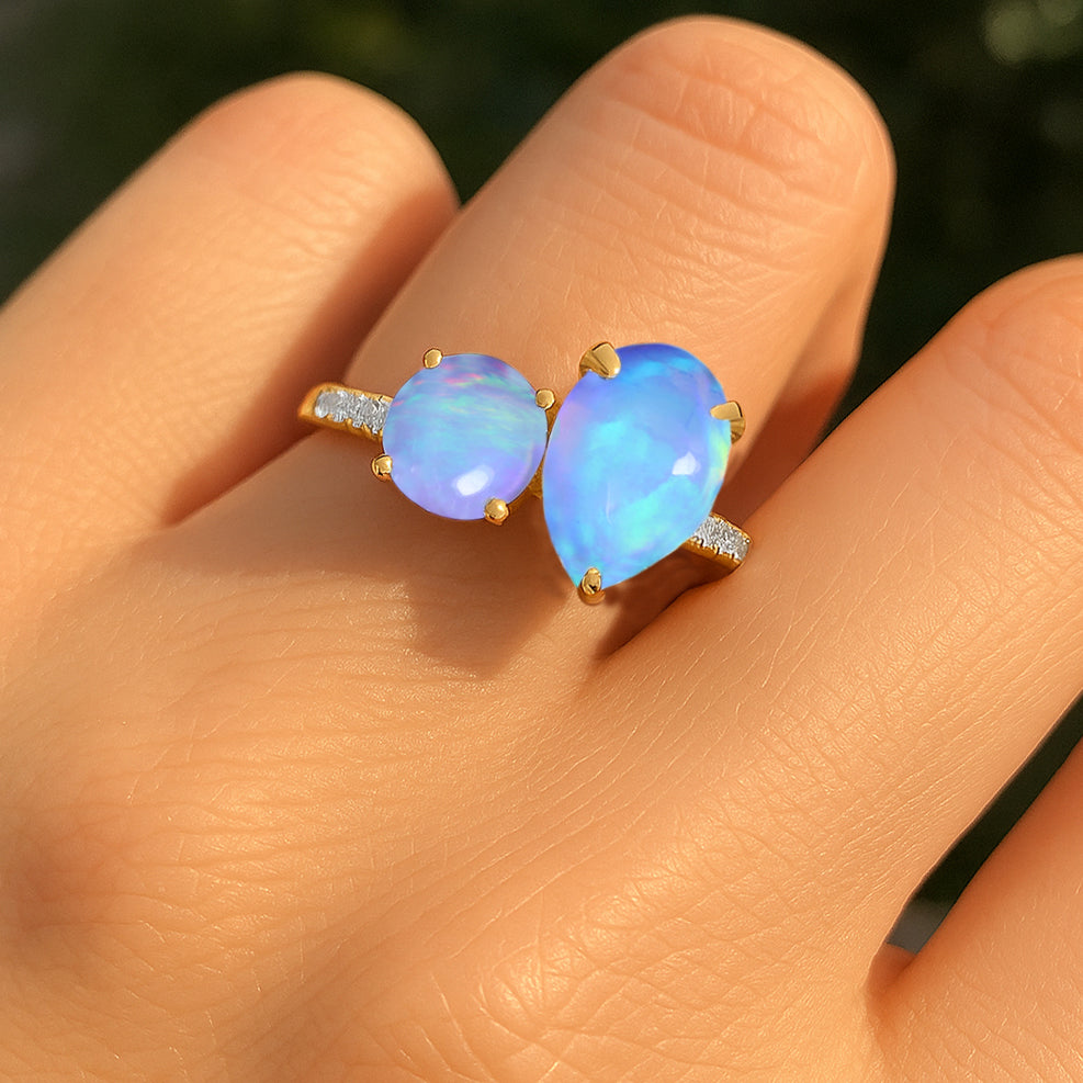 2-Stone Blue Opal Ring in 925 Sterling Silver Pear & Round, 1.70 CRT