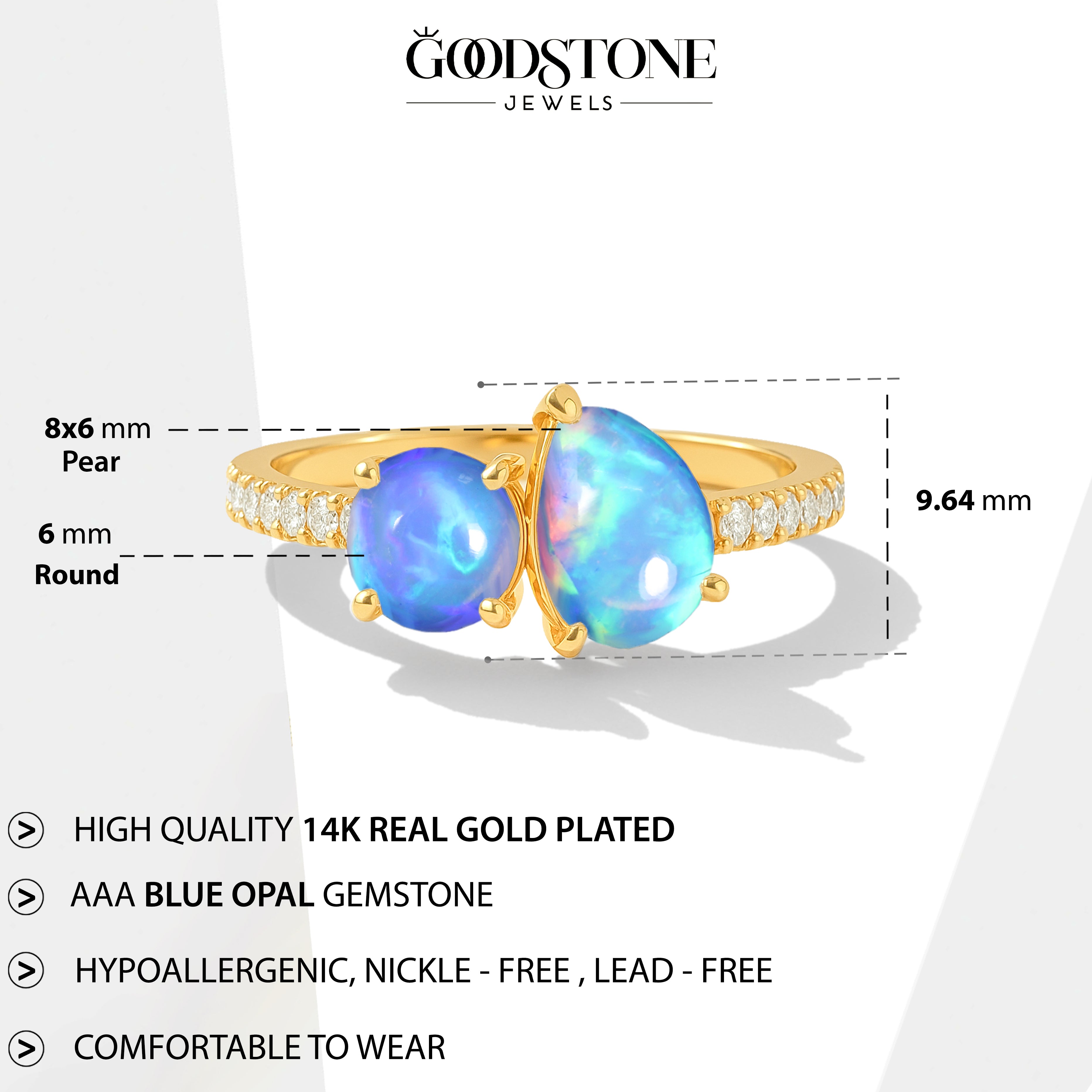 2-Stone Blue Opal Ring in 925 Sterling Silver Pear & Round, 1.70 CRT