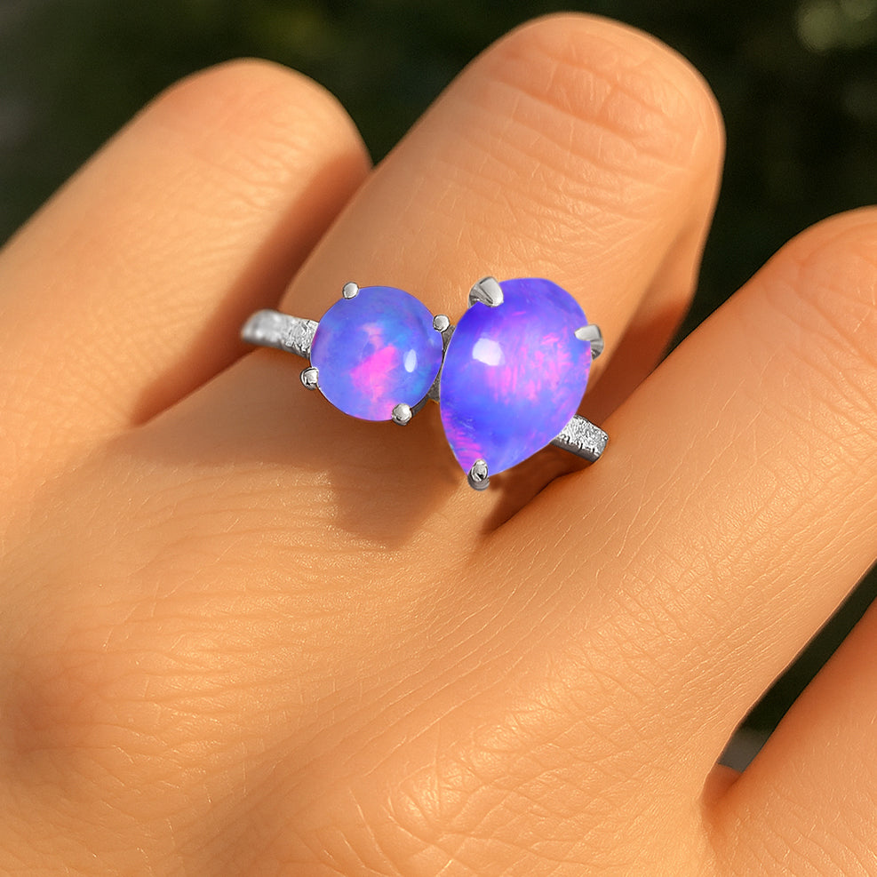 2-Stone Lavender Opal Ring in 925 Sterling Silver Pear & Round, 1.70 CRT