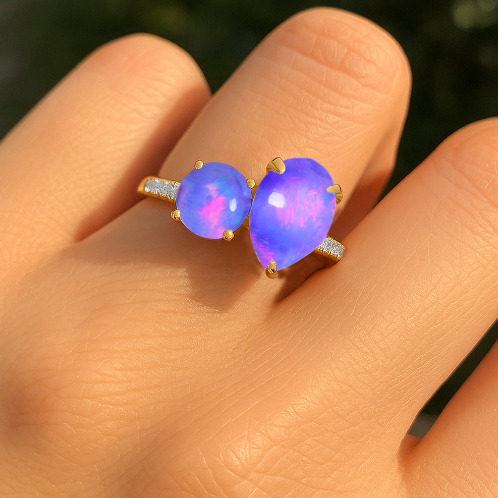 2-Stone Lavender Opal Ring in 925 Sterling Silver Pear & Round, 1.70 CRT