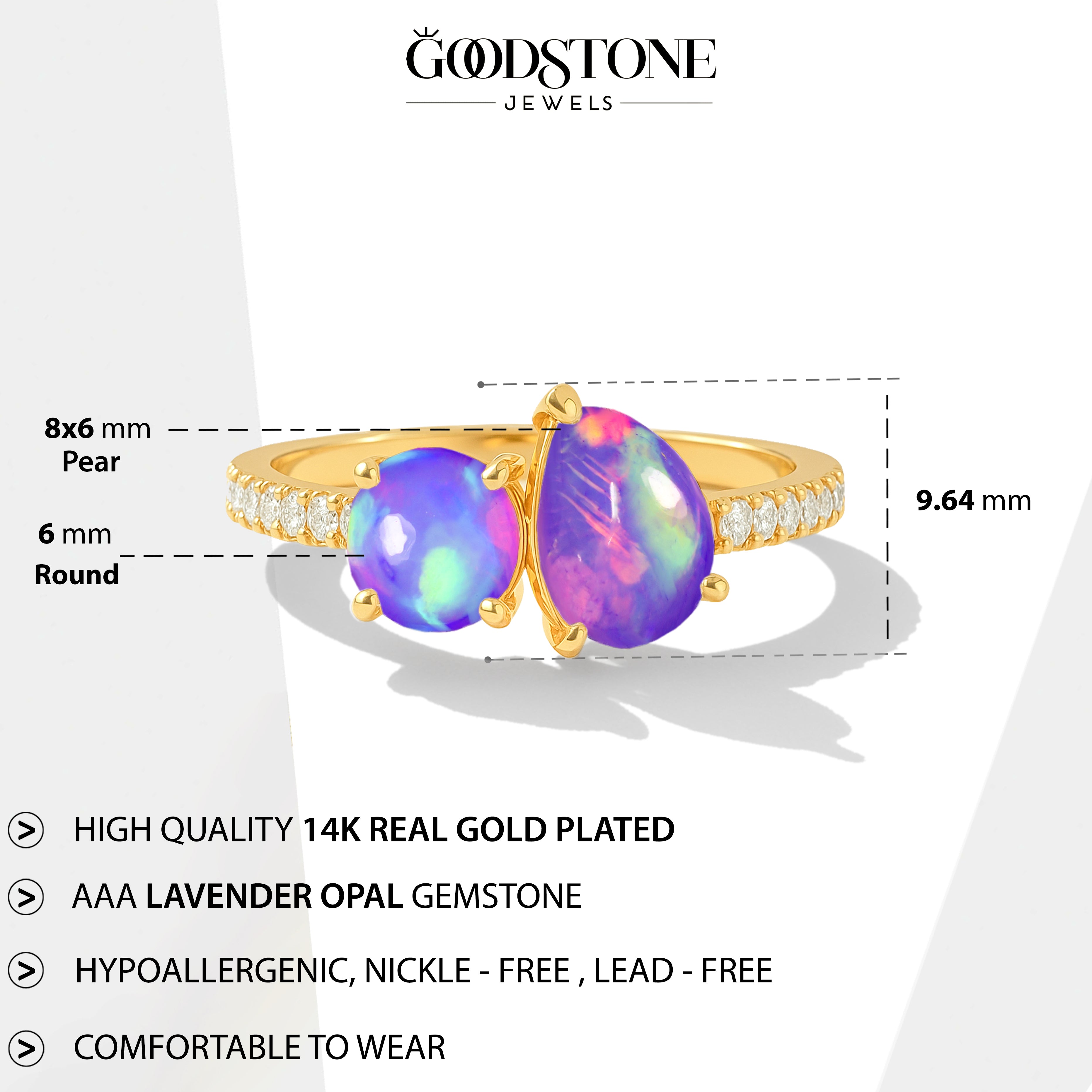 2-Stone Lavender Opal Ring in 925 Sterling Silver Pear & Round, 1.70 CRT