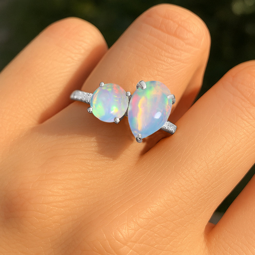 2-Stone White Opal Ring in 925 Sterling Silver Pear & Round, 1.70 CRT