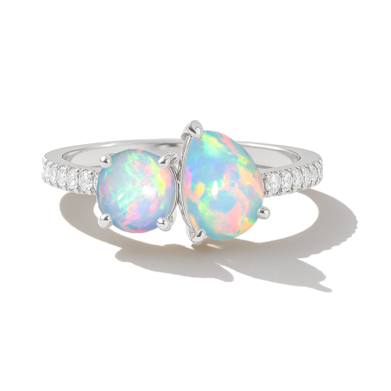 2-Stone White Opal Ring in 925 Sterling Silver Pear & Round, 1.70 CRT
