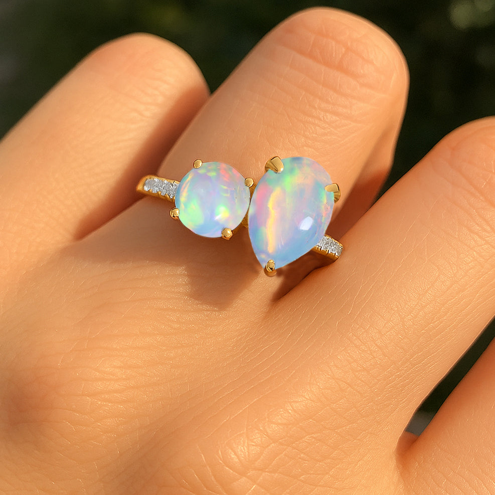 2-Stone White Opal Ring in 925 Sterling Silver Pear & Round, 1.70 CRT
