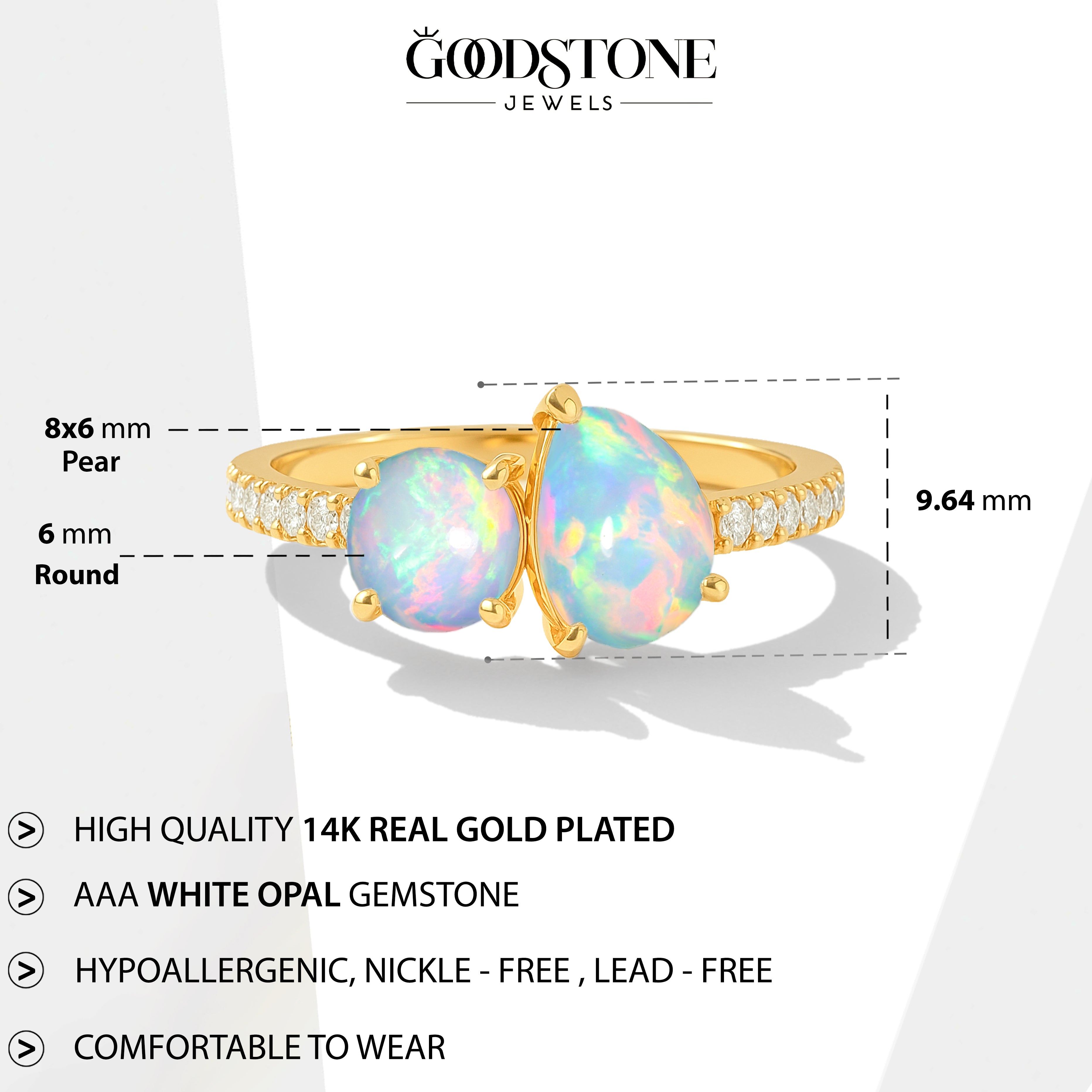 2-Stone White Opal Ring in 925 Sterling Silver Pear & Round, 1.70 CRT