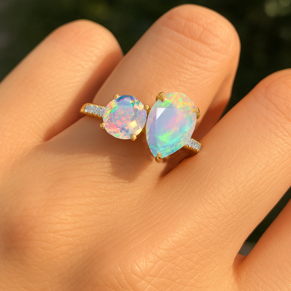 Natural White Opal Dual Stone Promise Ring For Her