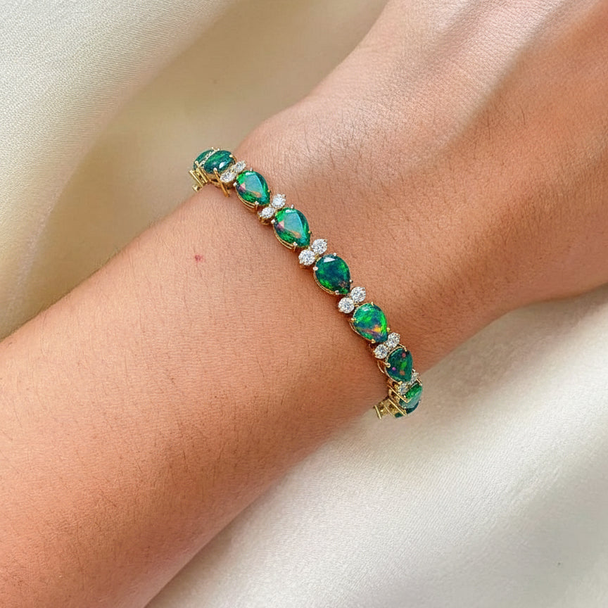 Black Opal Pear & Round Bracelet 7x5 MM & 2.5 MM 18.9 Ct Bold Luxury