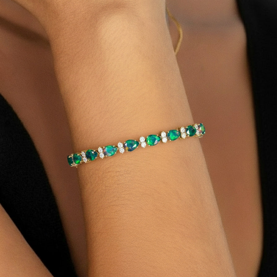 Black Opal Pear & Round Bracelet 7x5 MM & 2.5 MM 18.9 Ct Bold Luxury