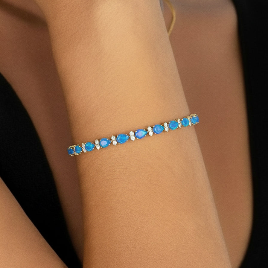 Blue Opal Pear & Round Bracelet 7x5 MM & 2.5 MM 18.9 Ct Ocean Charm