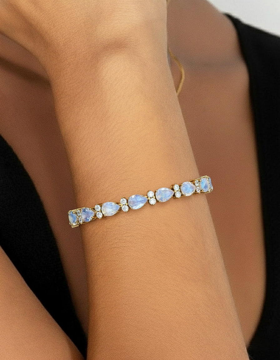 Moonstone Pear & Round Bracelet 7x5 MM & 2.5 MM 18.9 Ct Mystical Glow