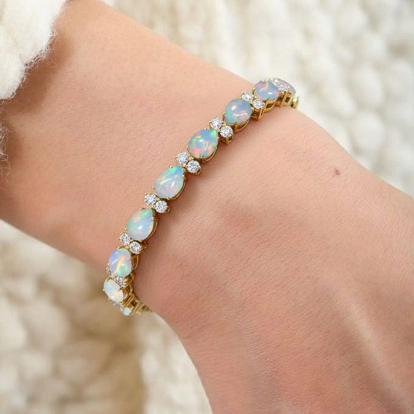 White Opal Pear & Round Bracelet 7x5 MM & 2.5 MM 18.9 Ct Elegant Glow
