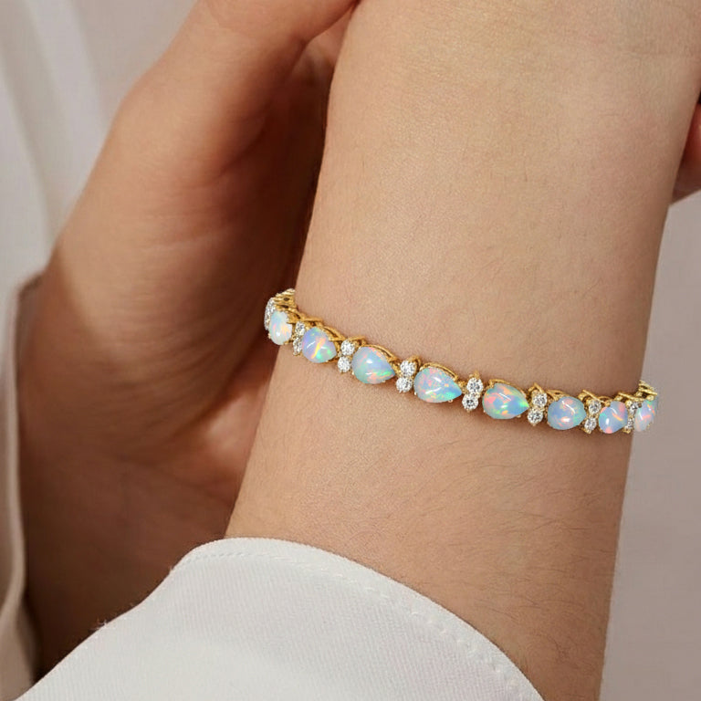 White Opal Pear & Round Bracelet 7x5 MM & 2.5 MM 18.9 Ct Elegant Glow