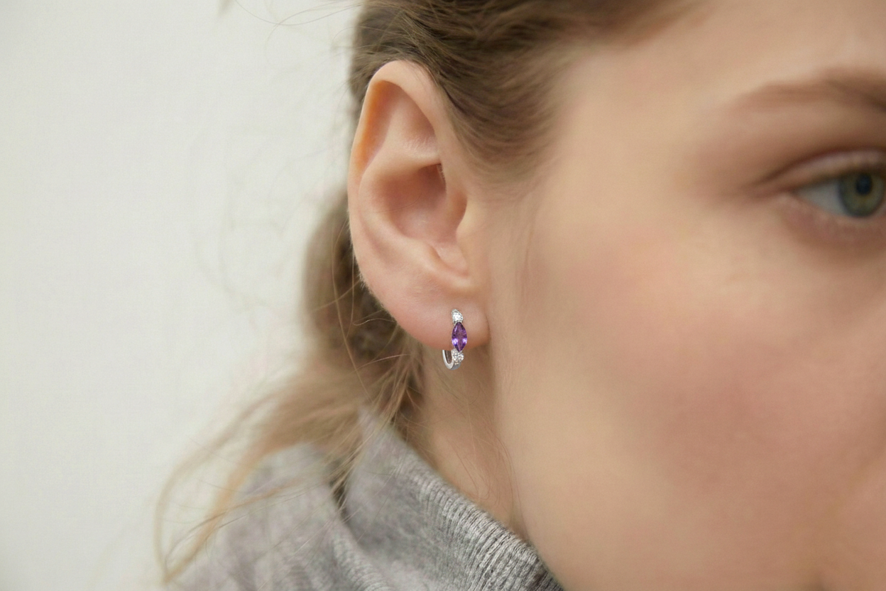 Amethyst Marquise Hoop Earring in 925 Sterling Silver 5x3 MM 1 -ct.