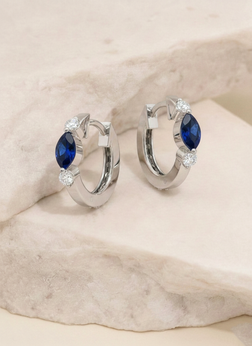 Blue Sapphire Marquise Hoop Earring in 925 Sterling Silver 5x3 MM 1 -ct.