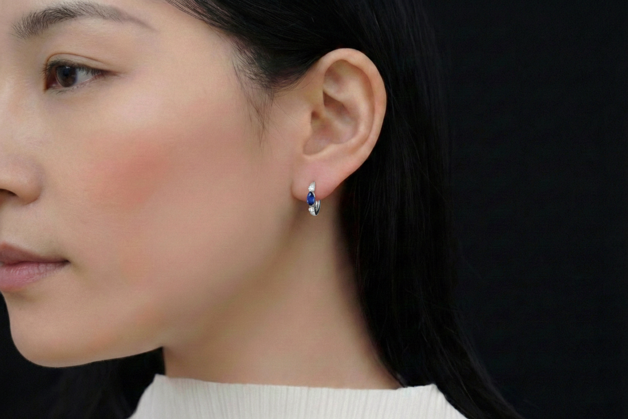 Blue Sapphire Marquise Hoop Earring in 925 Sterling Silver 5x3 MM 1 -ct.