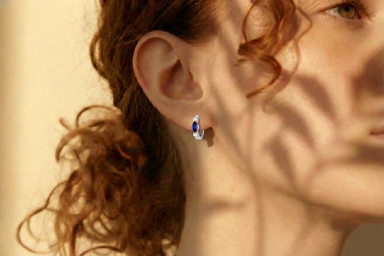 Blue Sapphire Marquise Hoop Earring in 925 Sterling Silver 5x3 MM 1 -ct.