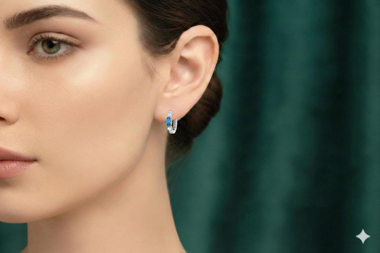 Blue Topaz Marquise Hoop Earring in 925 Sterling Silver 5x3 MM 1 -ct.