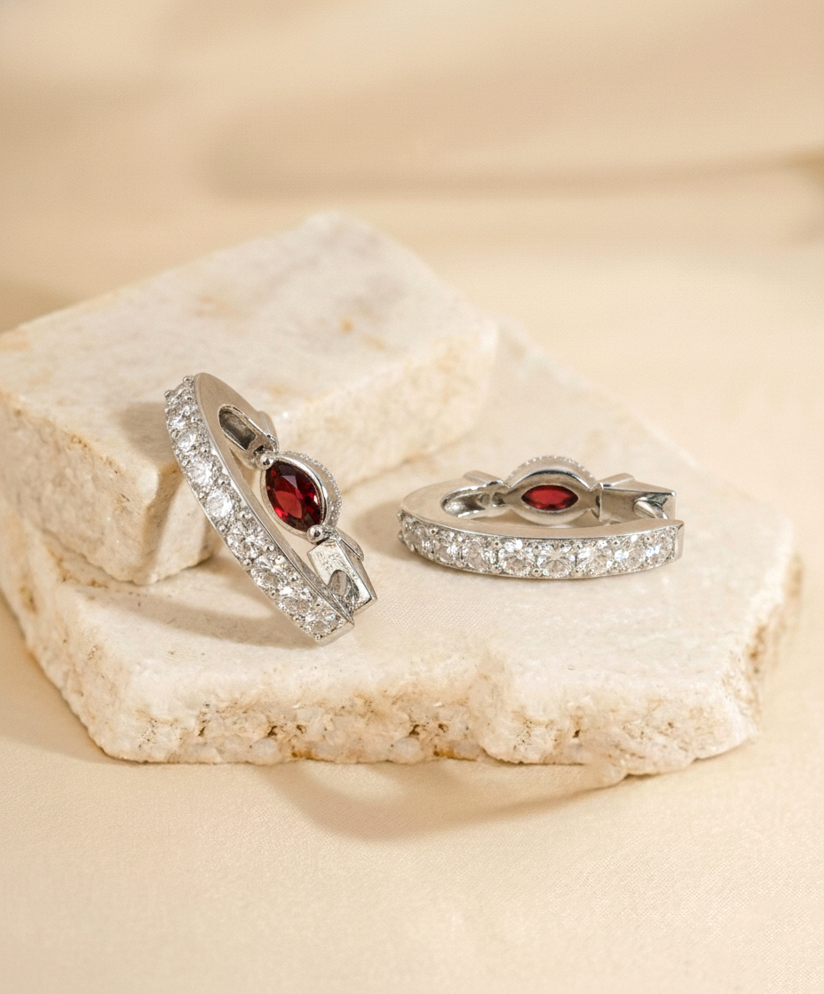 Garnet Marquise Hoop Earring in 925 Sterling Silver 5x3 MM 1 -ct.
