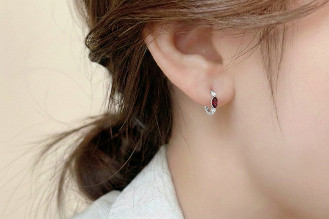 Garnet Marquise Hoop Earring in 925 Sterling Silver 5x3 MM 1 -ct.