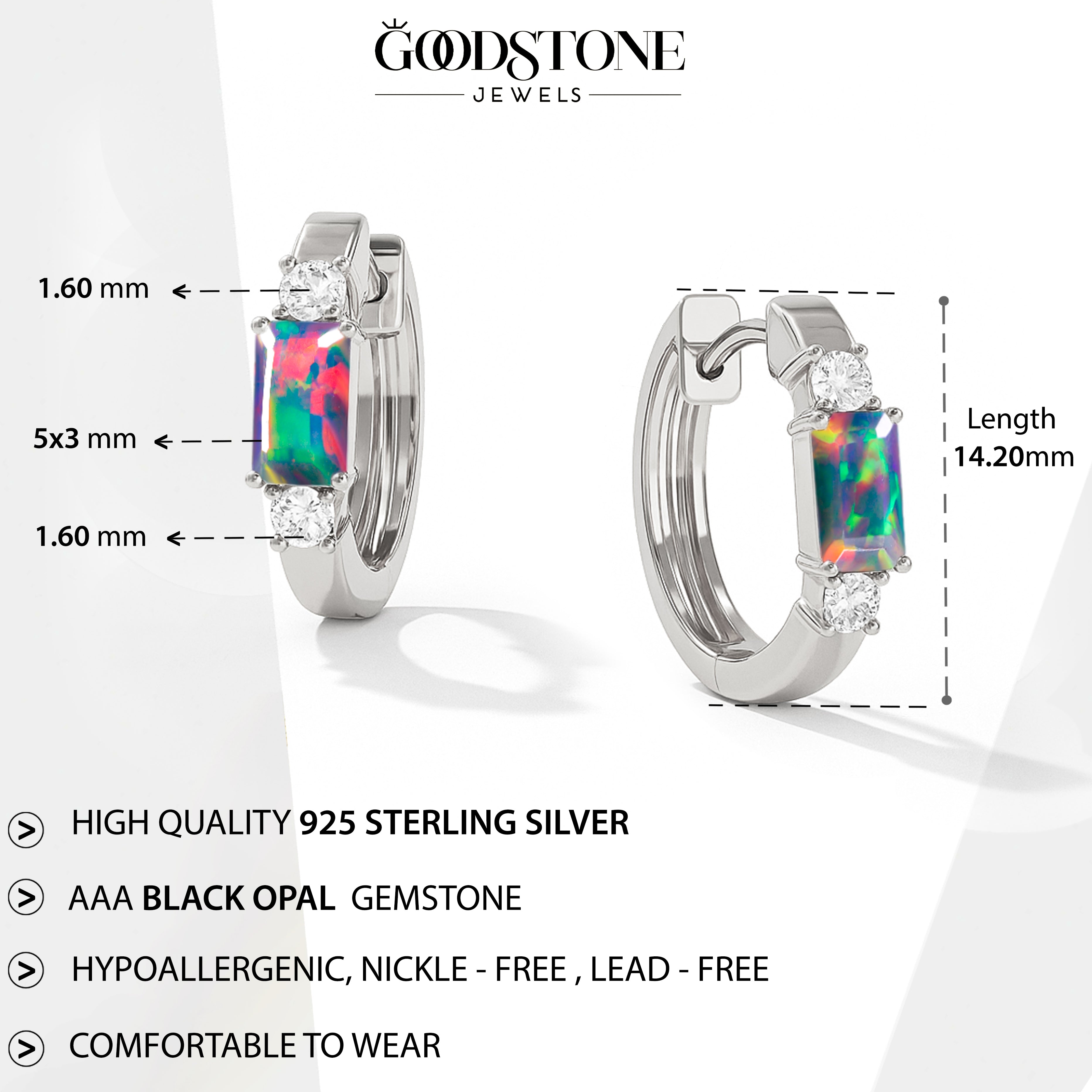 Natural Black Opal Baguette Hoop Earrings 925 Silver 5x3mm Stones