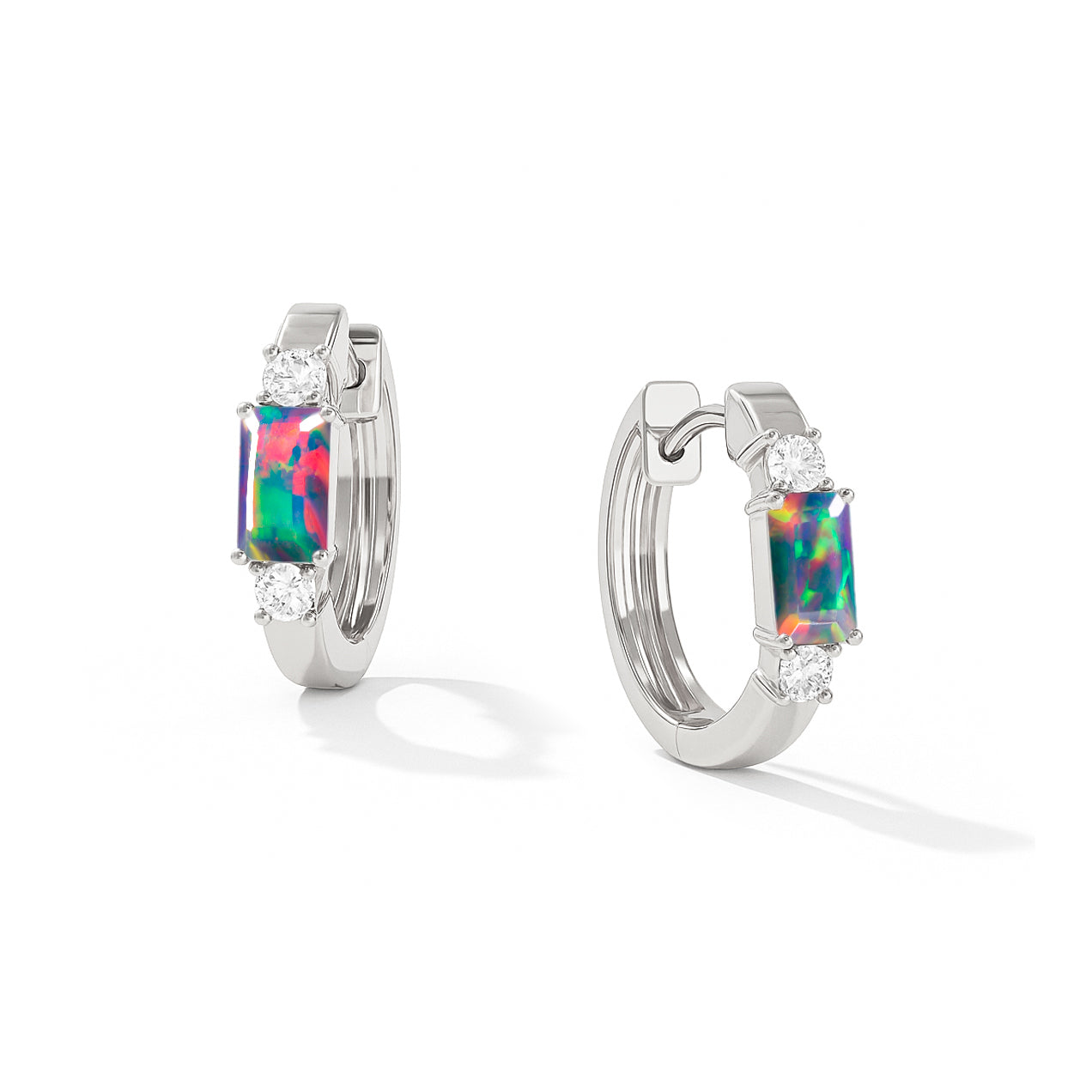 Natural Real Black 925 Sterling Silver Stones Opal Baguette Hoop Earrings