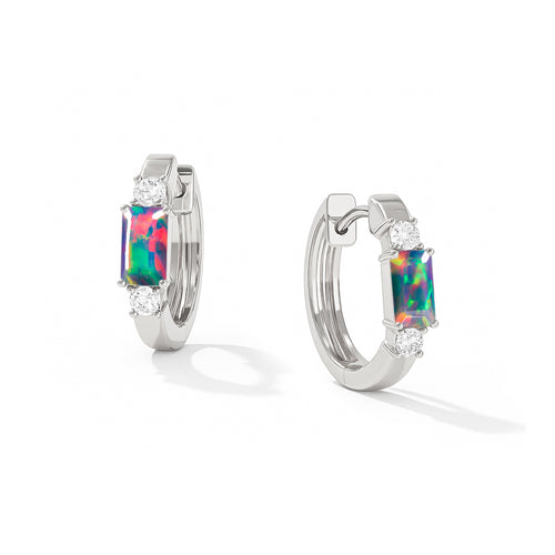 Natural Black Opal Baguette Hoop Earrings 925 Silver 5x3mm Stones