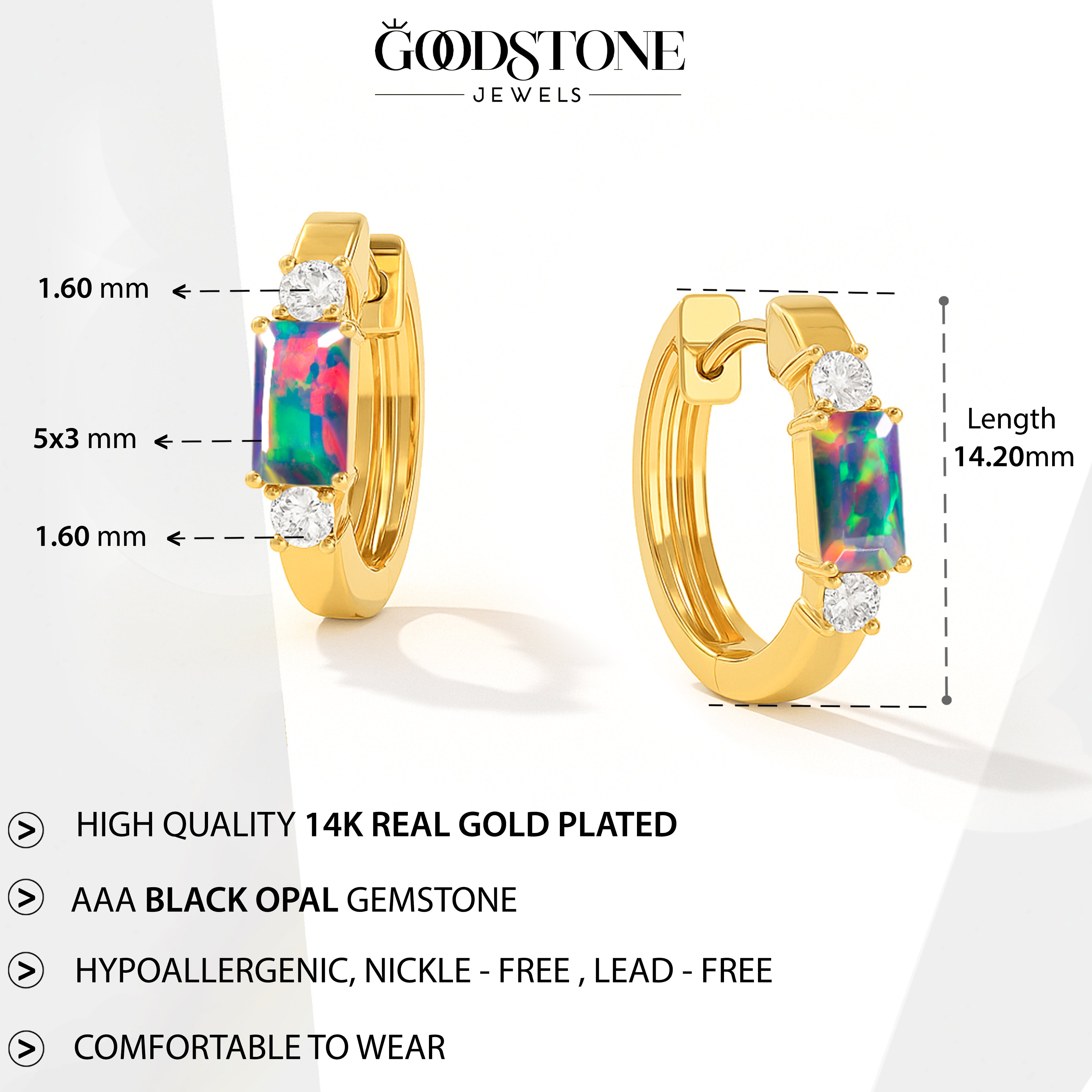 Natural Black Opal Baguette Hoop Earrings 925 Silver 5x3mm Stones