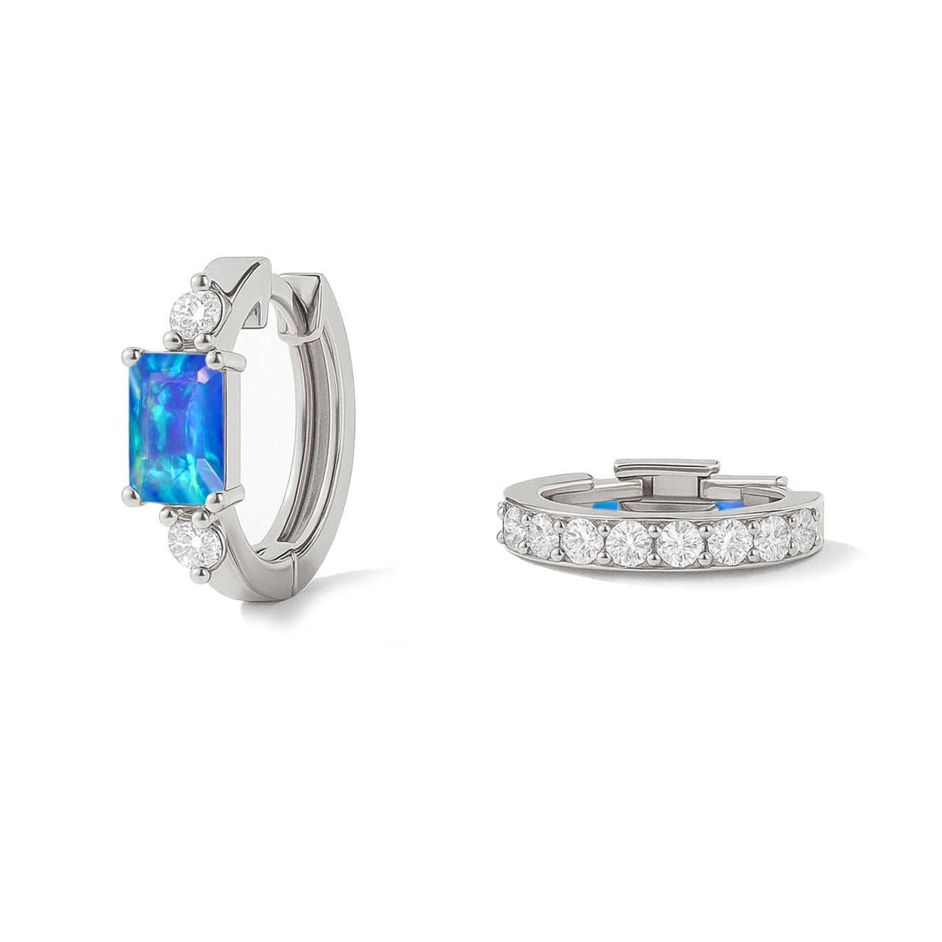 Natural Blue Opal Baguette Hoop Earrings 925 Silver 5x3mm Stones