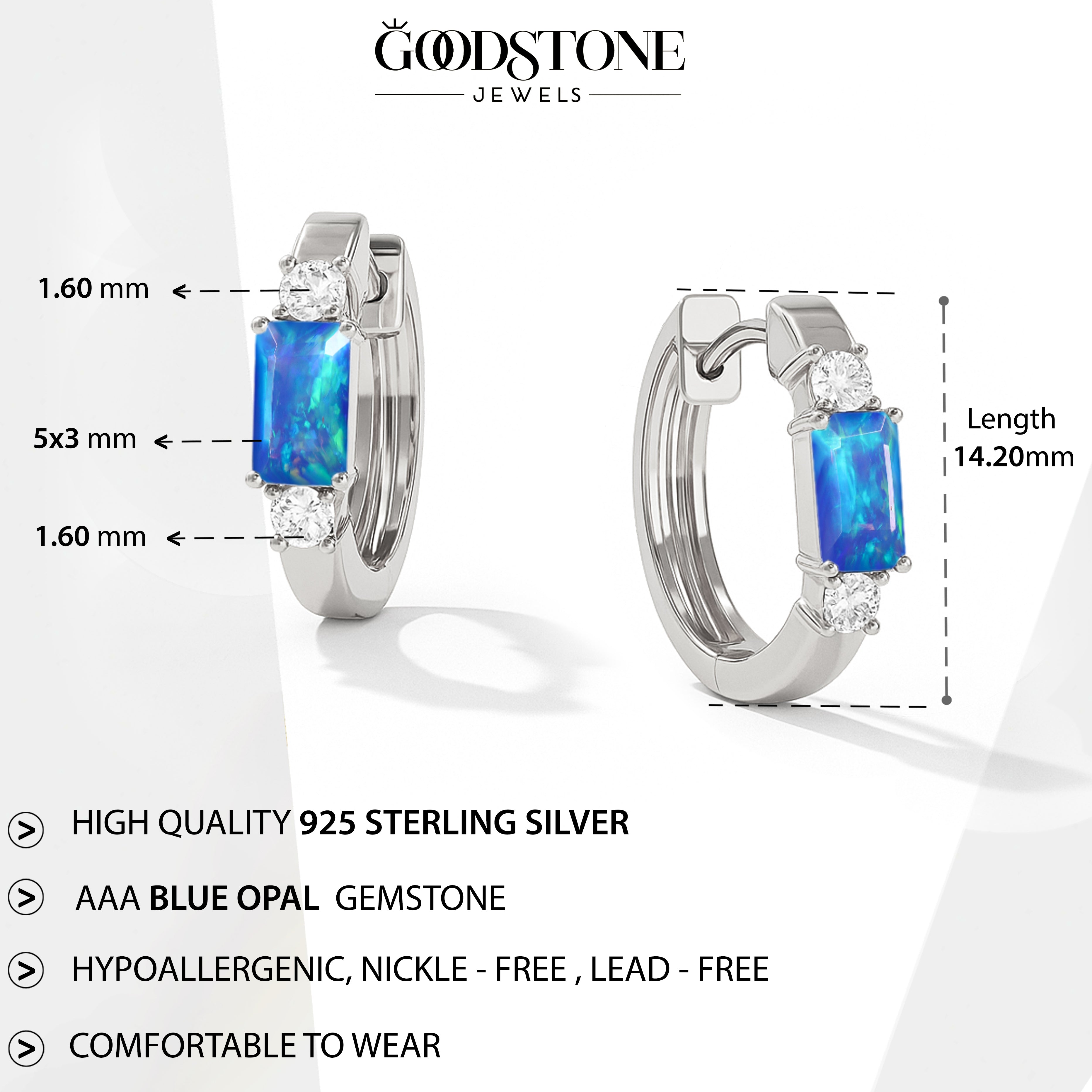 Natural Blue Opal Baguette Hoop Earrings 925 Silver 5x3mm Stones