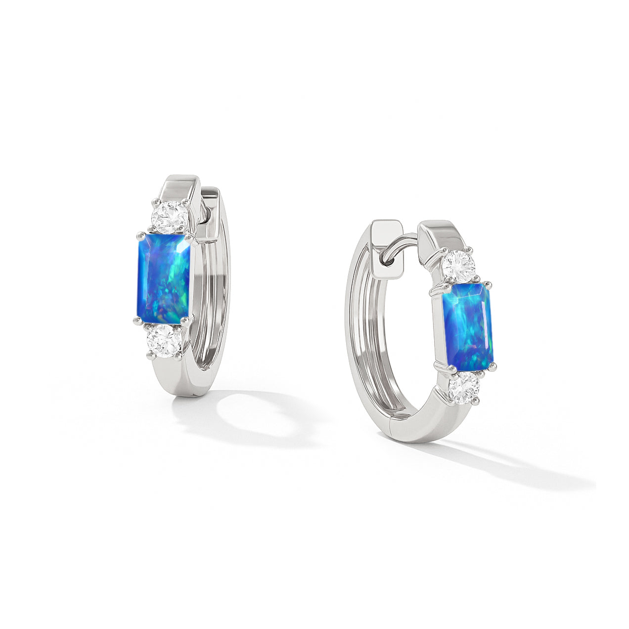 Natural Blue Opal Baguette Hoop Earrings 925 Silver 5x3mm Stones