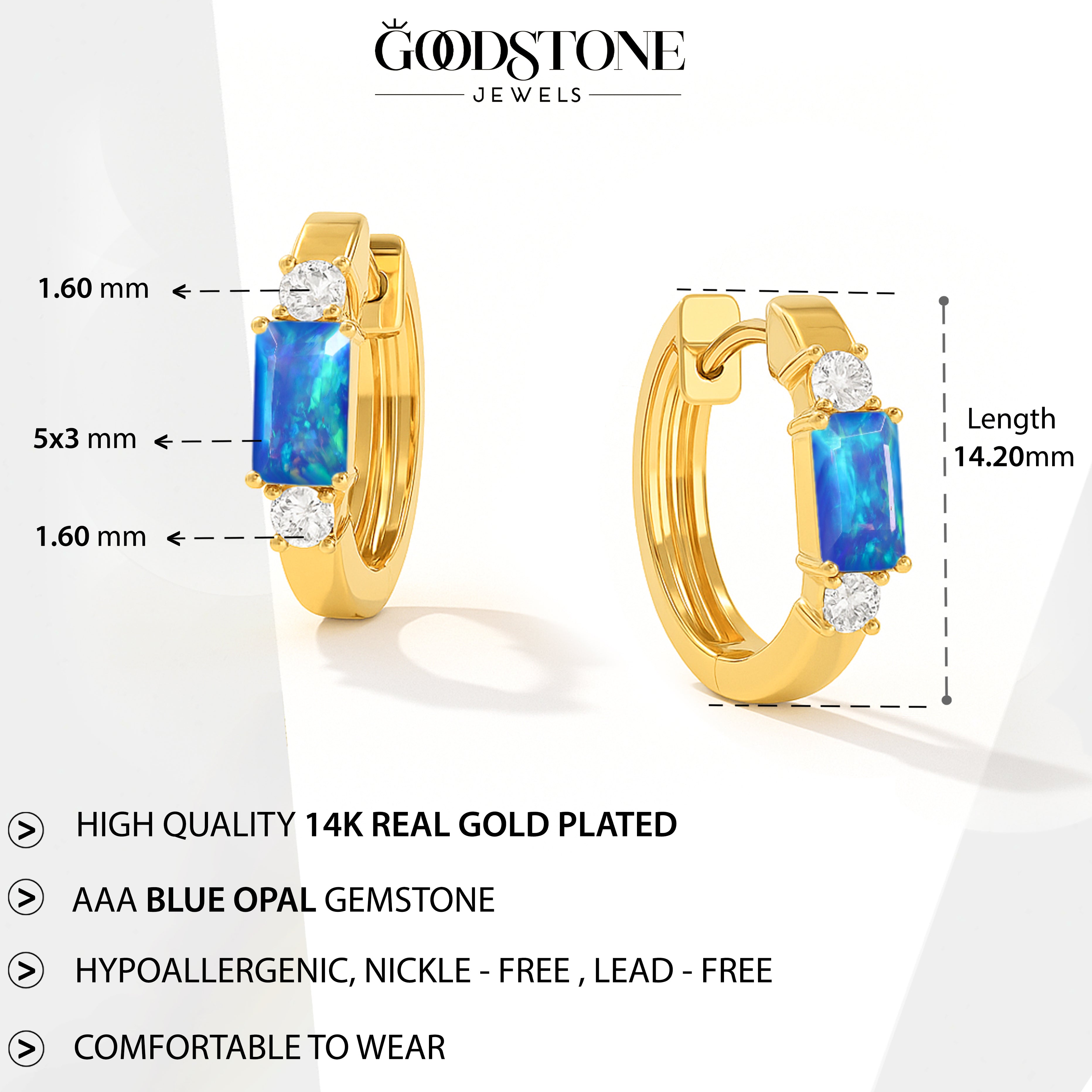 Natural Blue Opal Baguette Hoop Earrings 925 Silver 5x3mm Stones