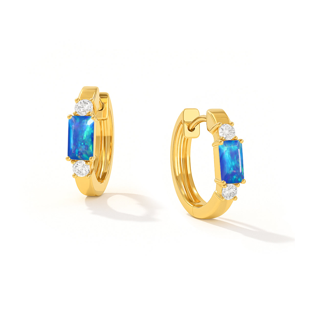 Natural Blue Opal Baguette Hoop Earrings 925 Silver 5x3mm Stones