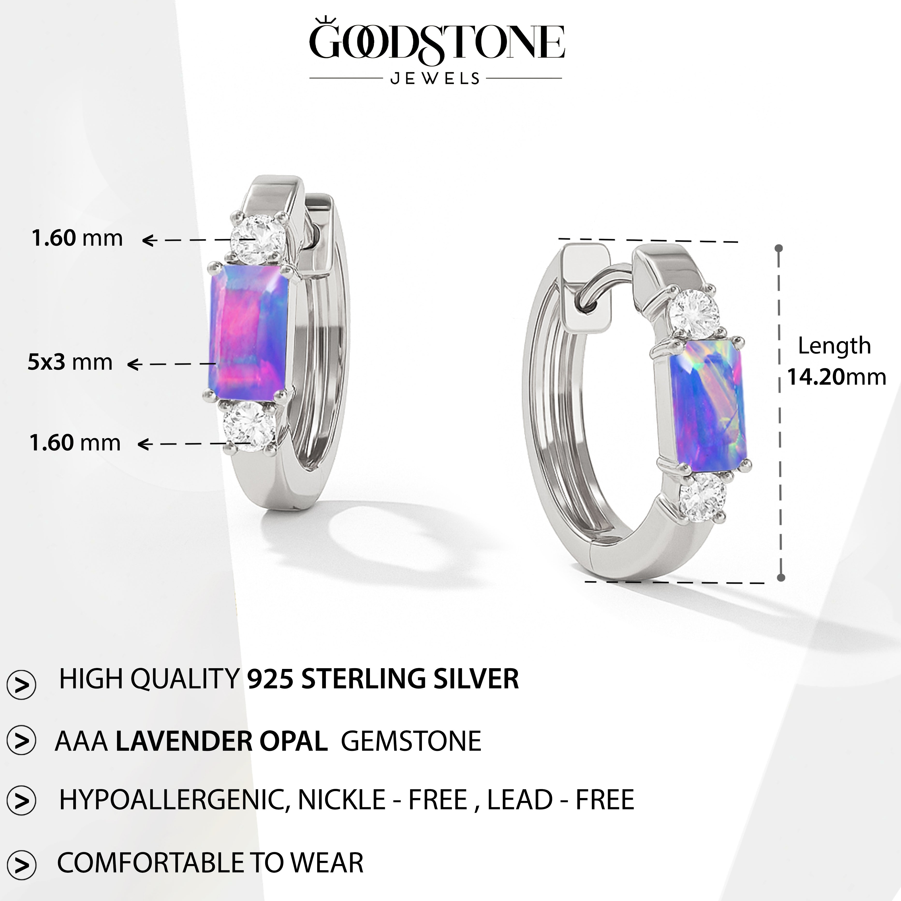 Natural Lavender Opal Baguette Hoop Earrings 925 Silver 5x3mm Stones