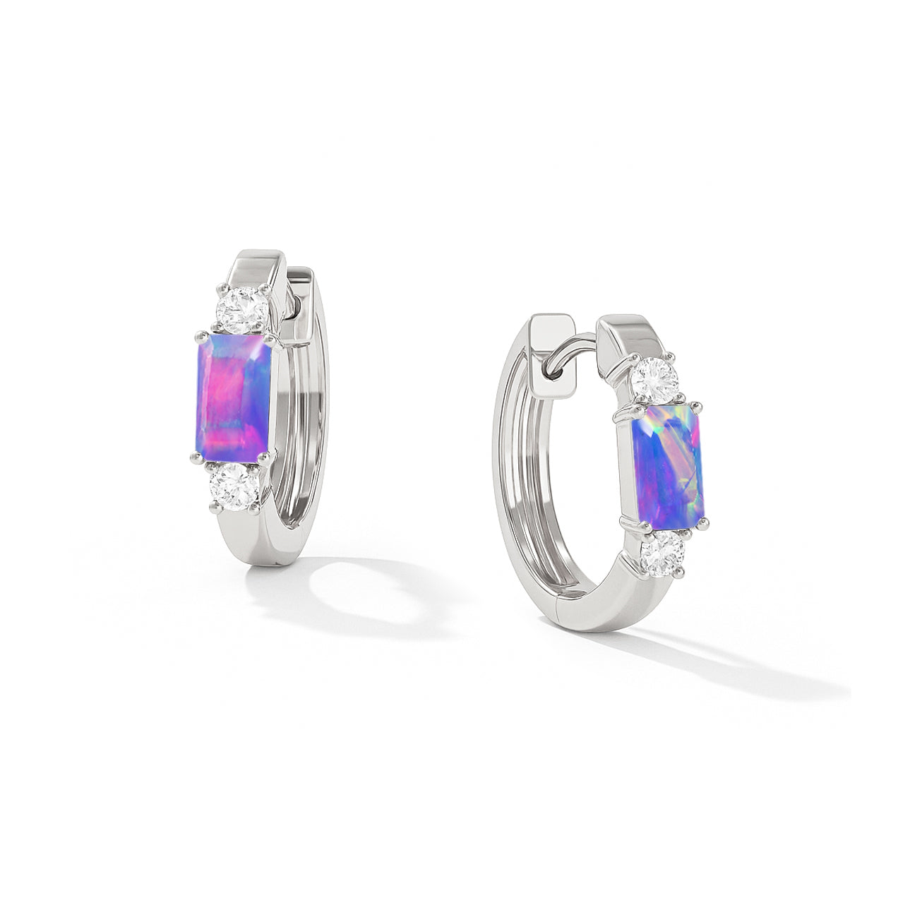 Natural Real Lavender 925 Sterling Silver Stones Opal Baguette Hoop Earrings