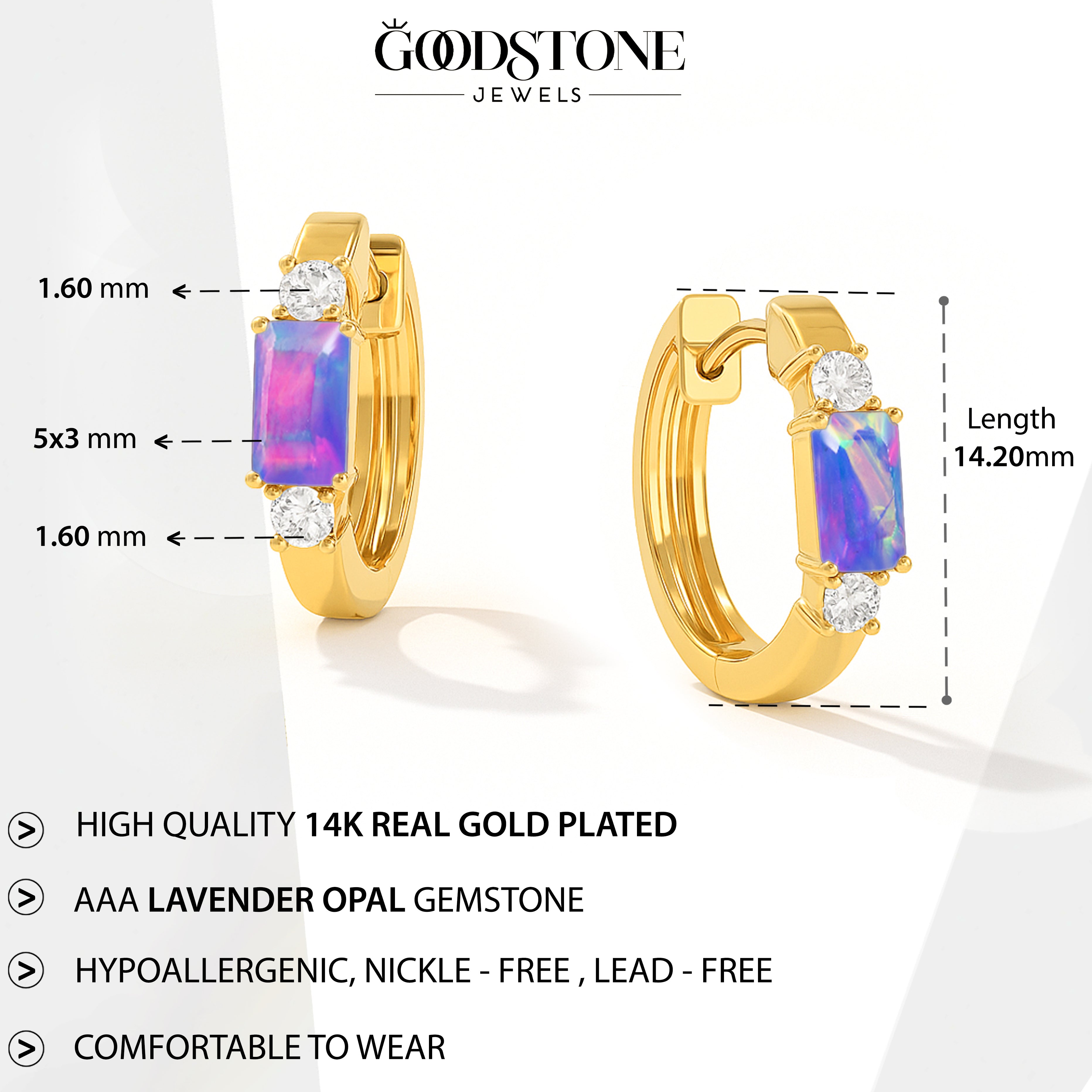 Natural Lavender Opal Baguette Hoop Earrings 925 Silver 5x3mm Stones