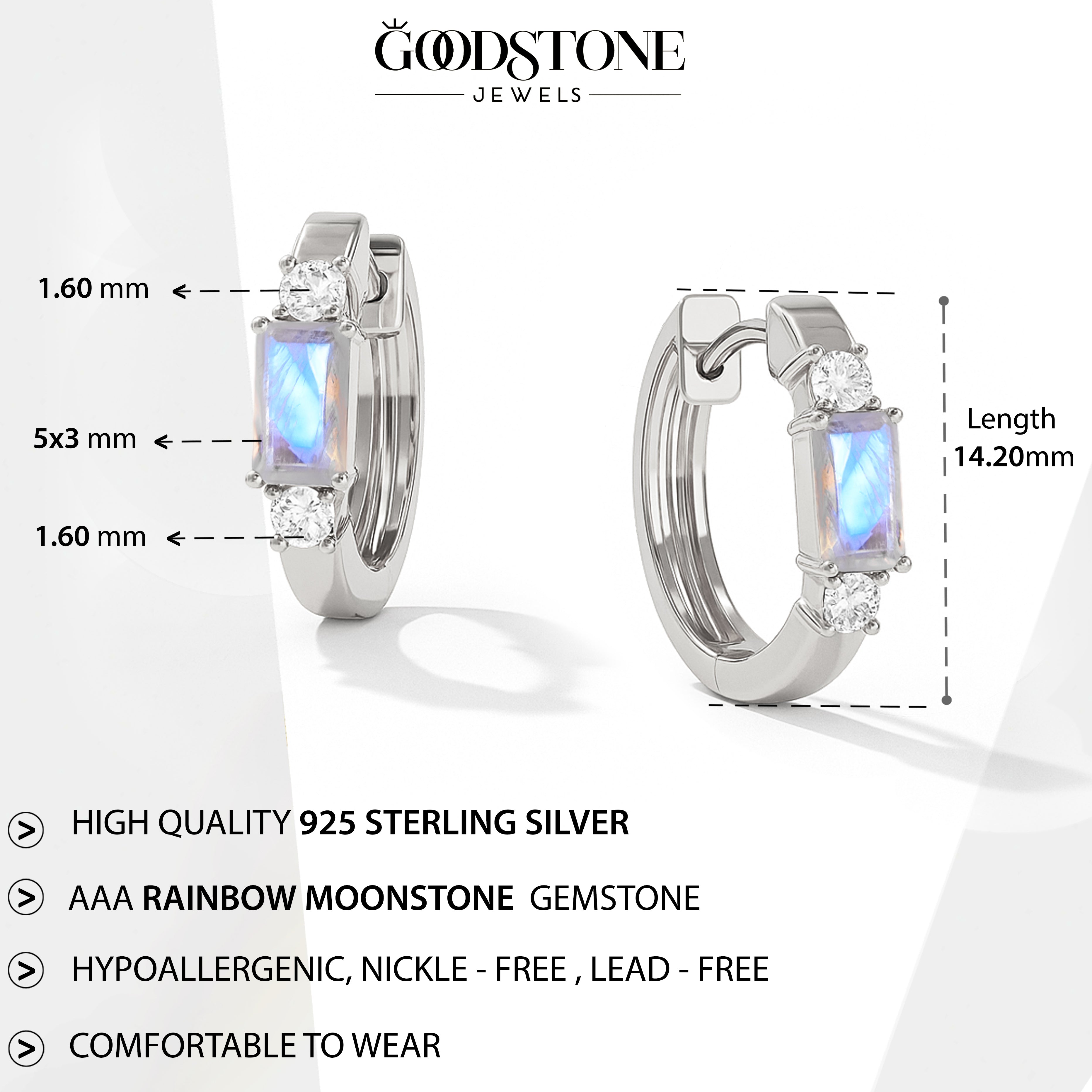 Natural Moonstone Baguette Hoop Earrings 925 Silver 5x3mm Stones